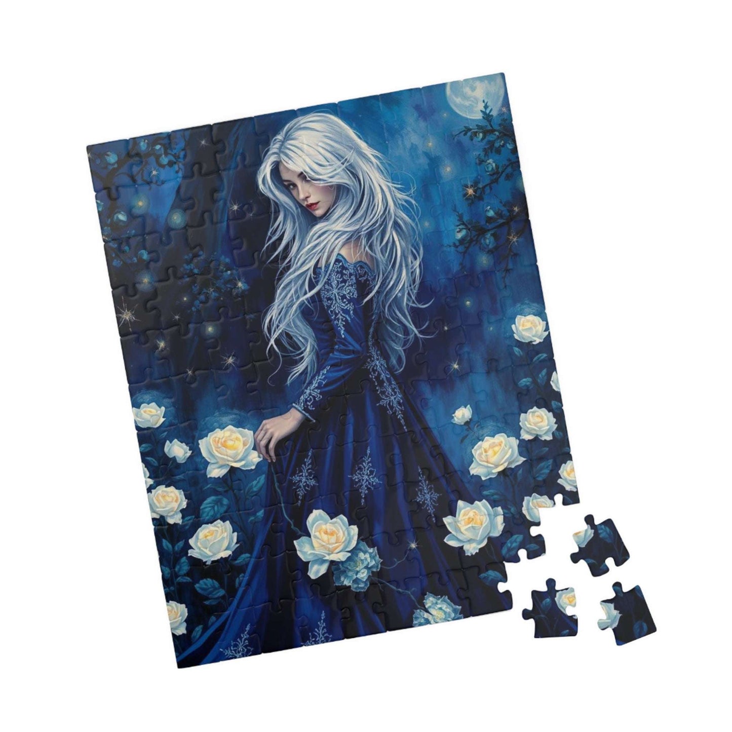 Lady of the Midnight Garden - Moonlit White Rose Jigsaw Puzzle