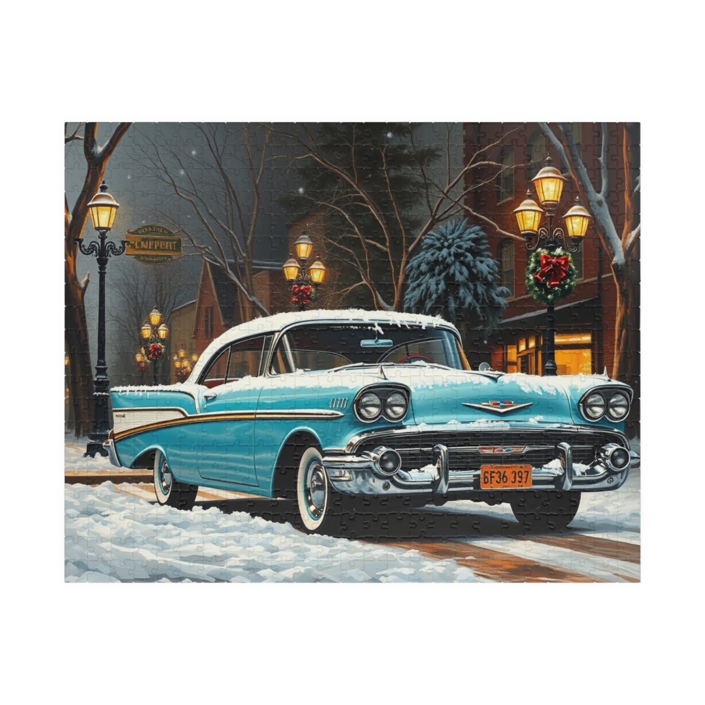 Vintage Car Puzzle - Winter Scene, Retro Classic Vehicle 1957 Bel Air Jigsaw Game 520 pcs (Horizontal) Puzzle The Puzzle Chest