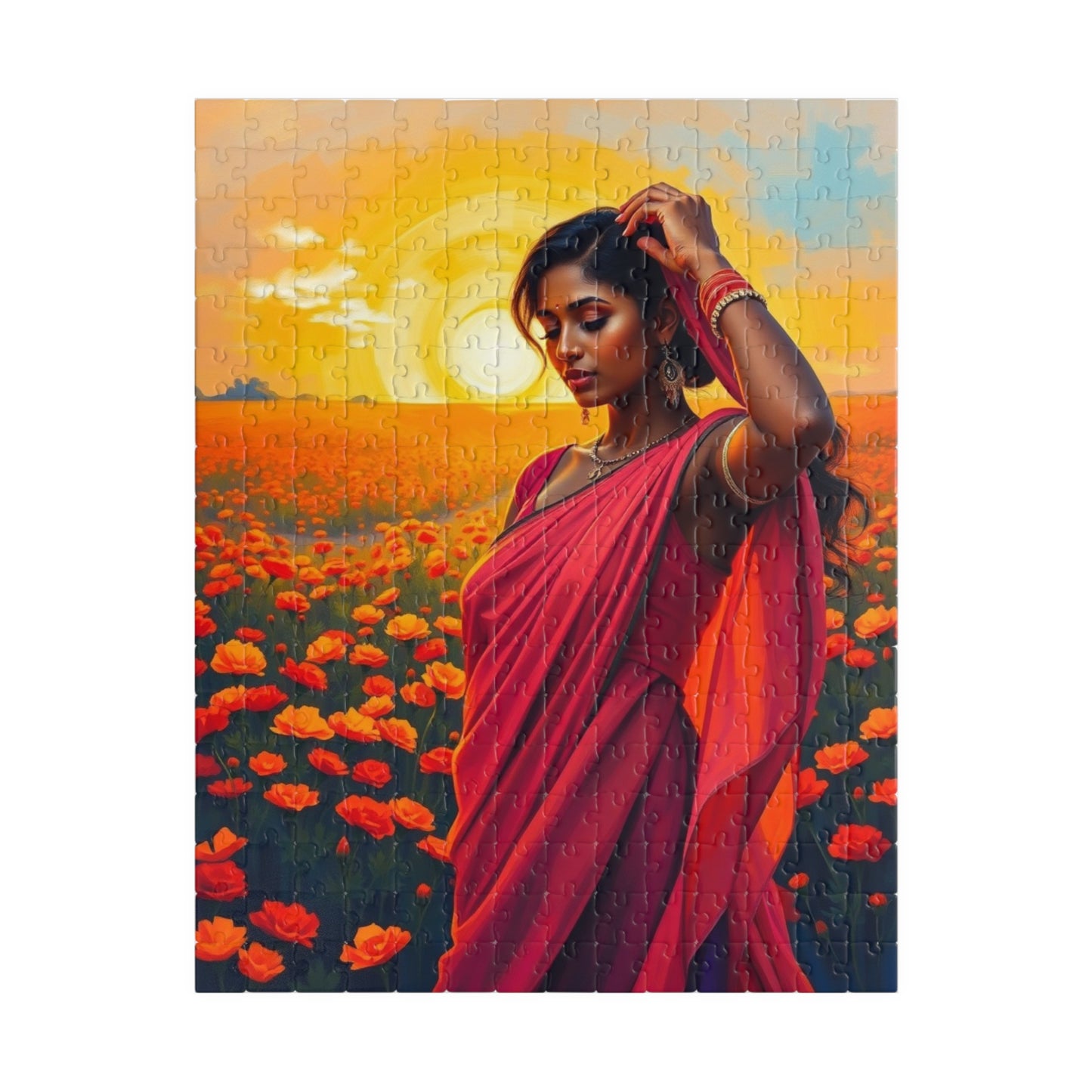 Jigsaw Puzzle, South Asian Woman in Marigold Field Sunset, 110 252 520 1014-Piece, Meditation Relaxation Activity, Mindfulness Gift, Ethnic 252 pcs (Vertical) Puzzle The Puzzle Chest