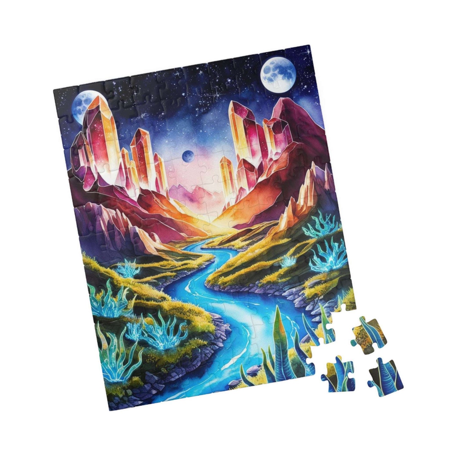 Space Puzzle - Alien Planet Landscape, Crystal Mountains, Blue Rivers, Two Moons, 520-Piece Jigsaw Game, Astronomy Gift, Galaxy Theme Puzzle The Puzzle Chest