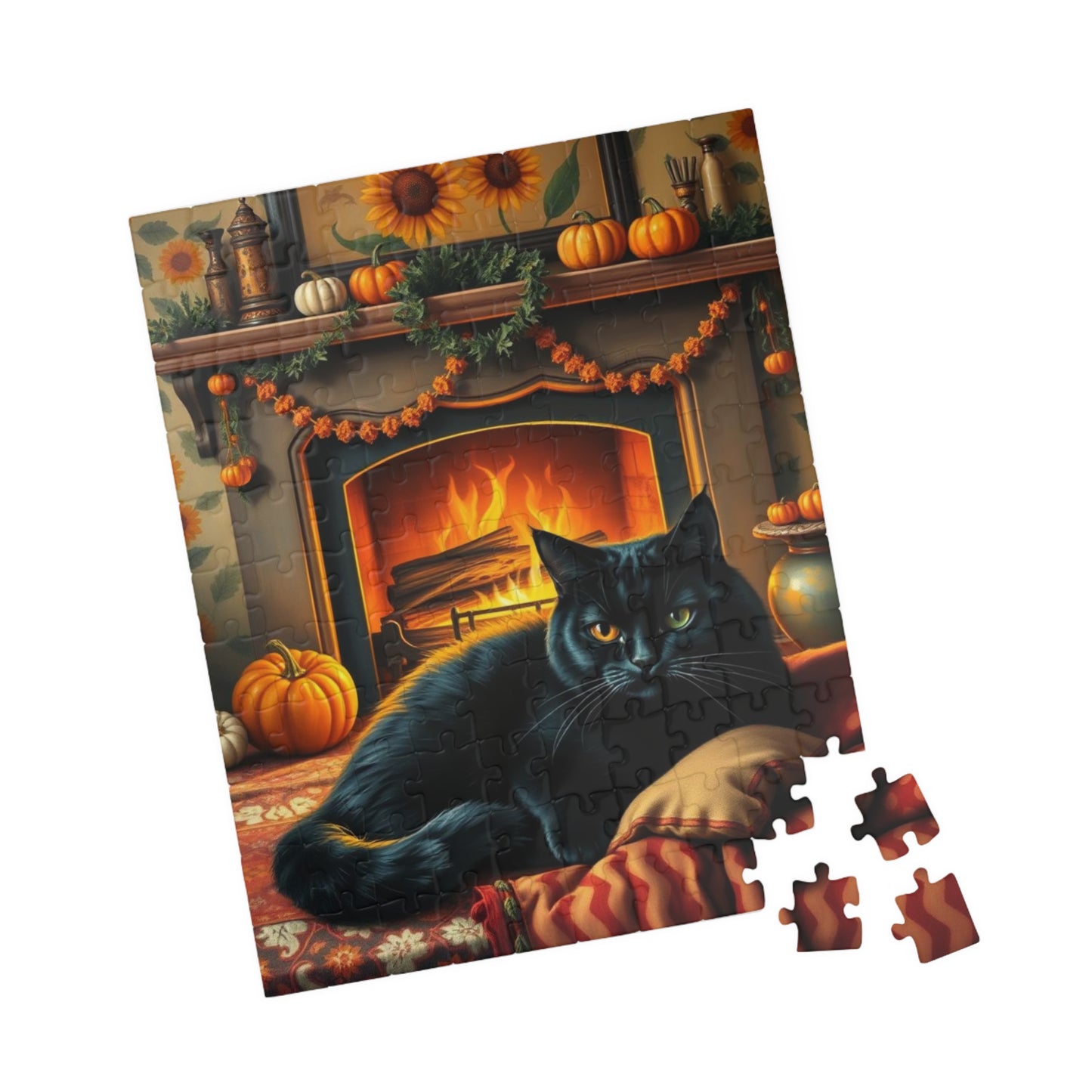 Hearthside Patch Paw Jigsaw Puzzle, Cozy Autumn Adult Folk Art Game with Black Cat and Pumpkins, Gift for Cat Lover, Fall Decor, Family Fun