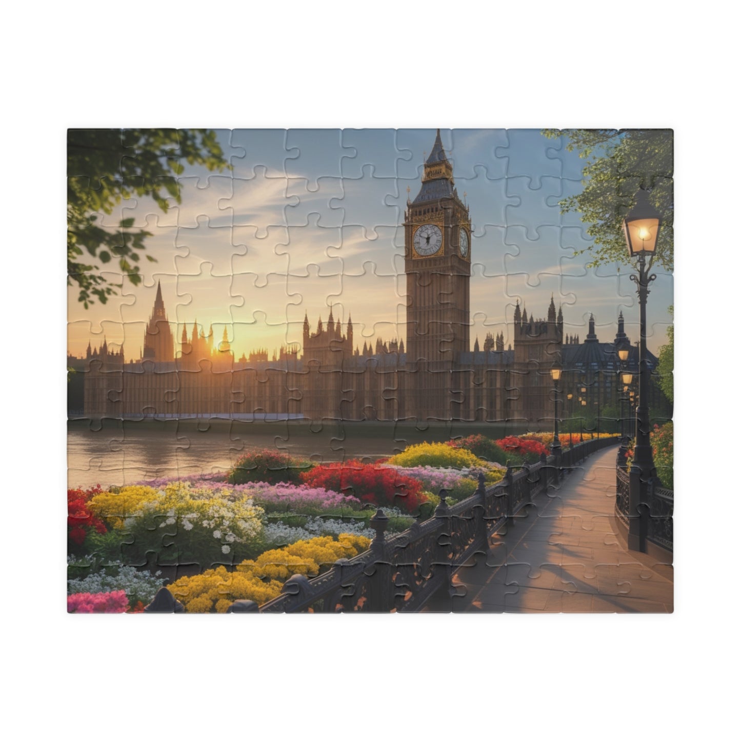 London Big Ben (Elizabeth Tower) Jigsaw Puzzle, Flowers Sunrise View Thames River, Puzzle Enthusiast Cityscape Lover Gift, Family Activity 110 pcs (Horizontal) Puzzle The Puzzle Chest