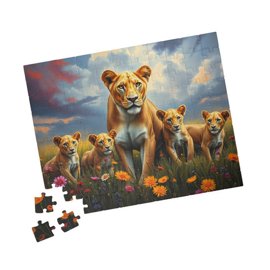 Lioness and Cubs Puzzle | Wildlife Animal Scene Jigsaw Puzzle 110 pcs (Horizontal) Puzzle The Puzzle Chest