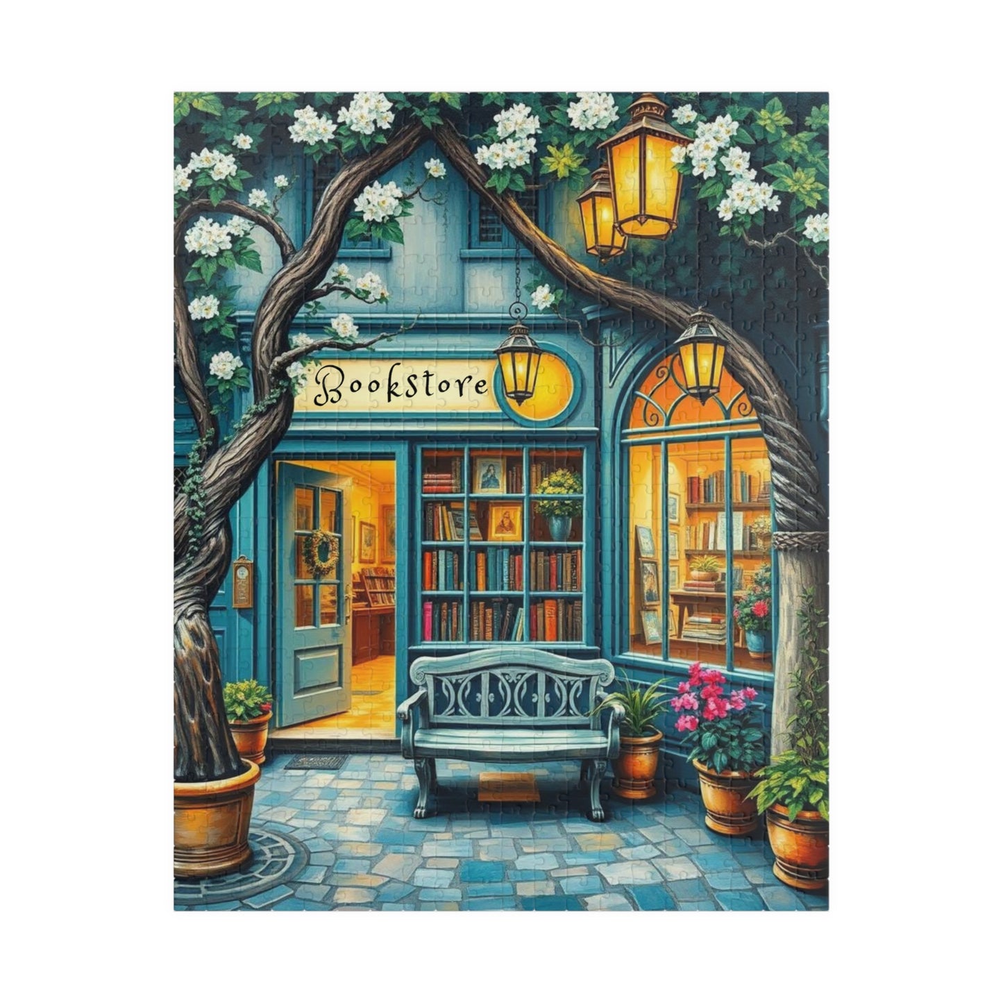 Artistic Bookstore Jigsaw Puzzle – Teal Facade and Garden Bench, Game for Book Lovers Puzzle The Puzzle Chest