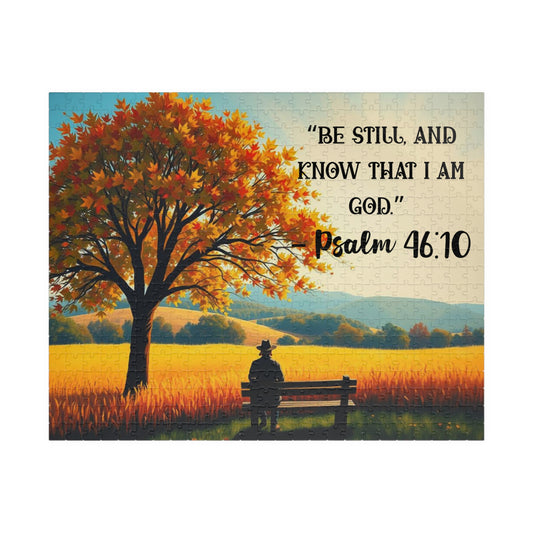 Faith and Stillness Jigsaw Puzzle – Serene Fall Landscape with Wheat Field and Bench, Bible Verse Psalm 46:10, Inspirational Gift for Friends Puzzle The Puzzle Chest
