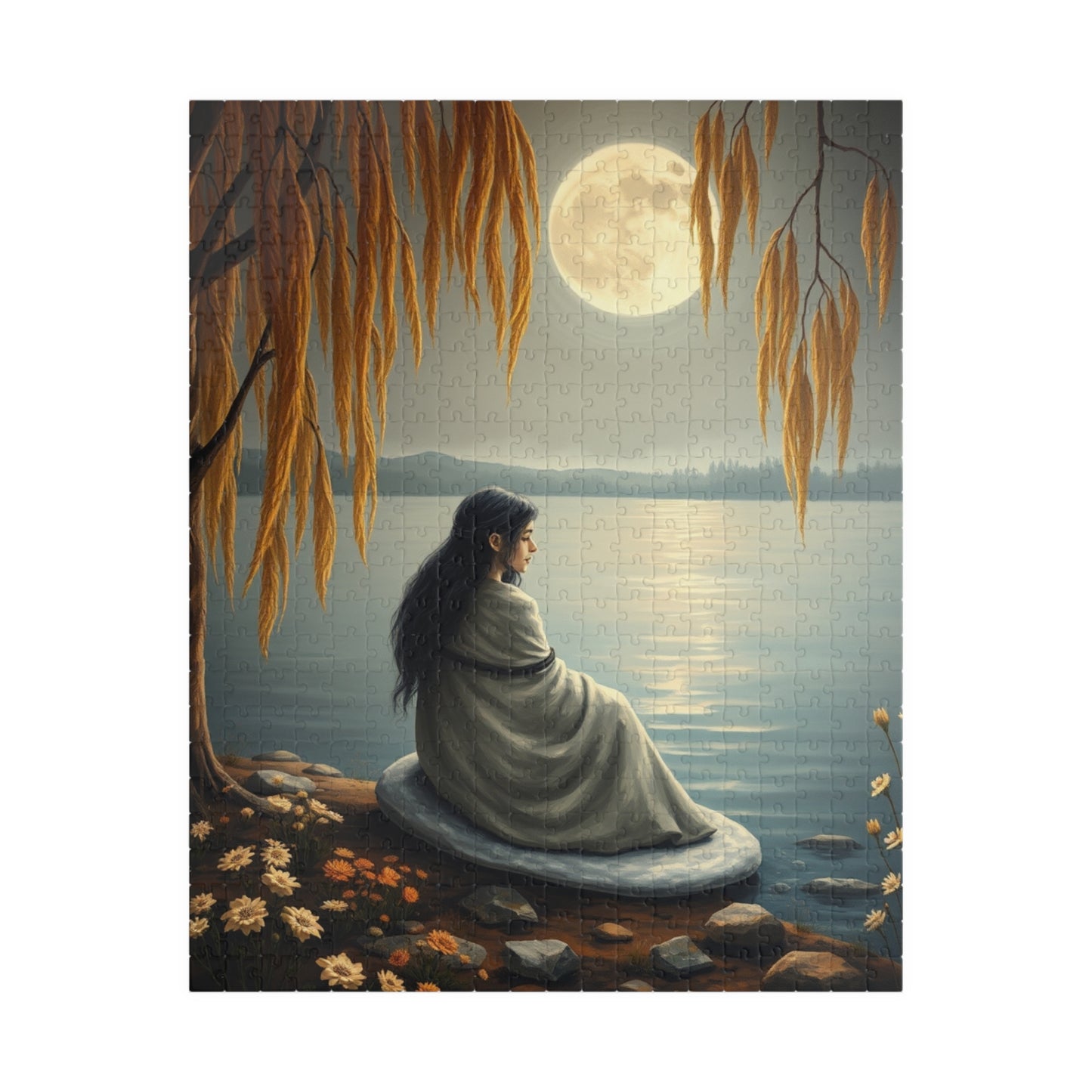 Mythical Jigsaw Puzzle, Moonlit Lake with Selkie, 110/252/520/1014-piece, Willow Trees, Flowers, Sealskin Cloak, Gift for Fantasy Lover 520 pcs (Vertical) Puzzle The Puzzle Chest