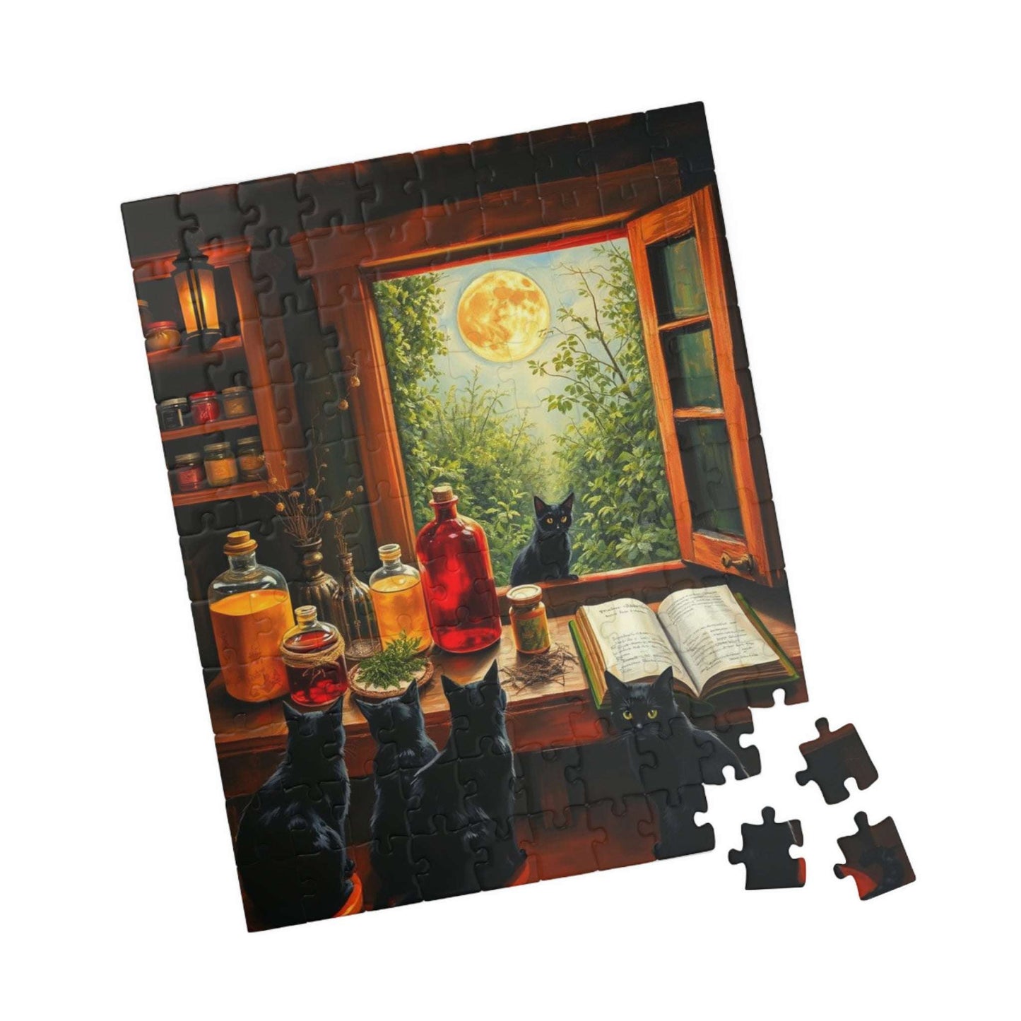 Autumn Alchemists Table Jigsaw Puzzle - Mystical Cat Theme, Ideal Witchy Gift for Cat Lover, Magic Enthusiast, Family Fun, Mindful Activity