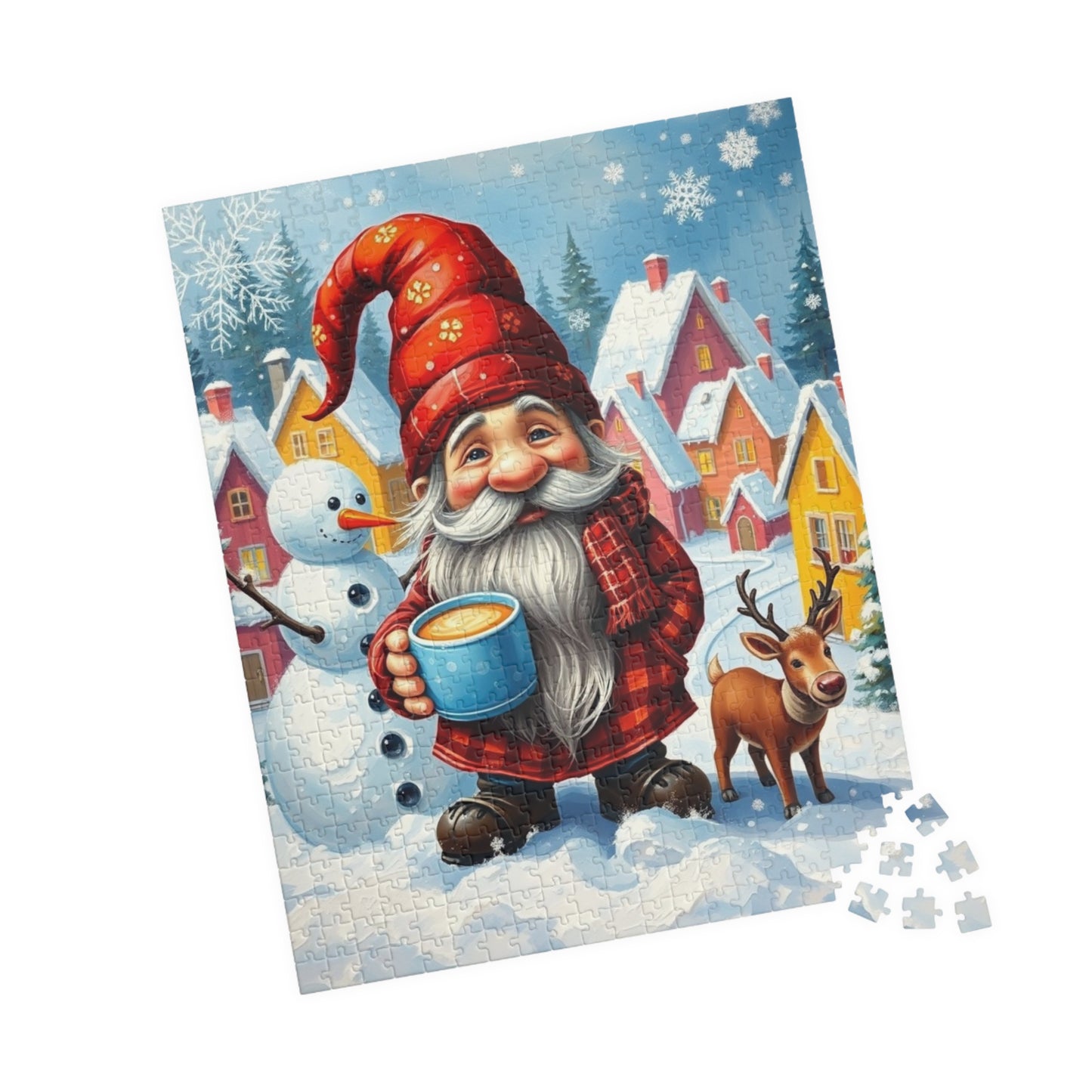 Charming Winter Gnome Puzzle, Reindeer Snowman and Hot Cocoa Holiday Fun, Snowy Village Scene Jigsaw Game, Puzzle Lover Gift, Mindfulness Puzzle The Puzzle Chest