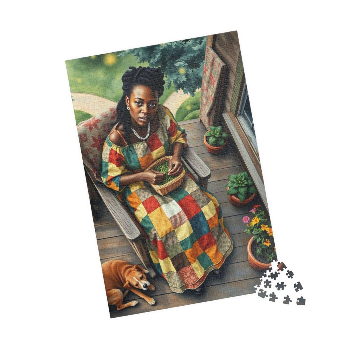 The Homemaker Jigsaw Puzzle – Black Woman Shelling Peas with Dog, Afrocentric Art, African American Artwork 1014 pcs (Vertical) Puzzle The Puzzle Chest