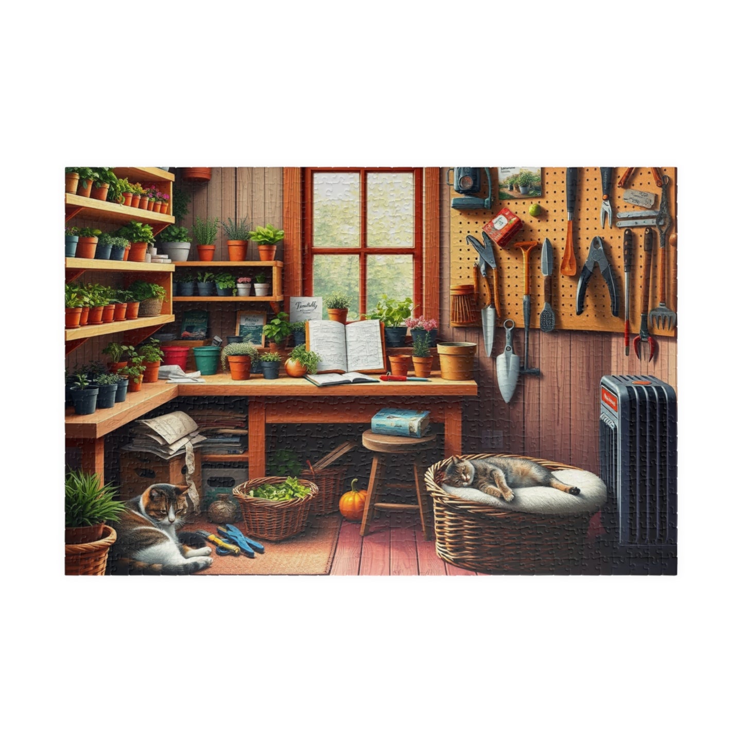 Quaint Garden Workshop Puzzle with Herbs, Tools, and Tabby Cats, Challenging Jigsaw Game, Plant Gardening Lover Best Unique Gift, Mindful 1014 pcs (Horizontal) Puzzle The Puzzle Chest