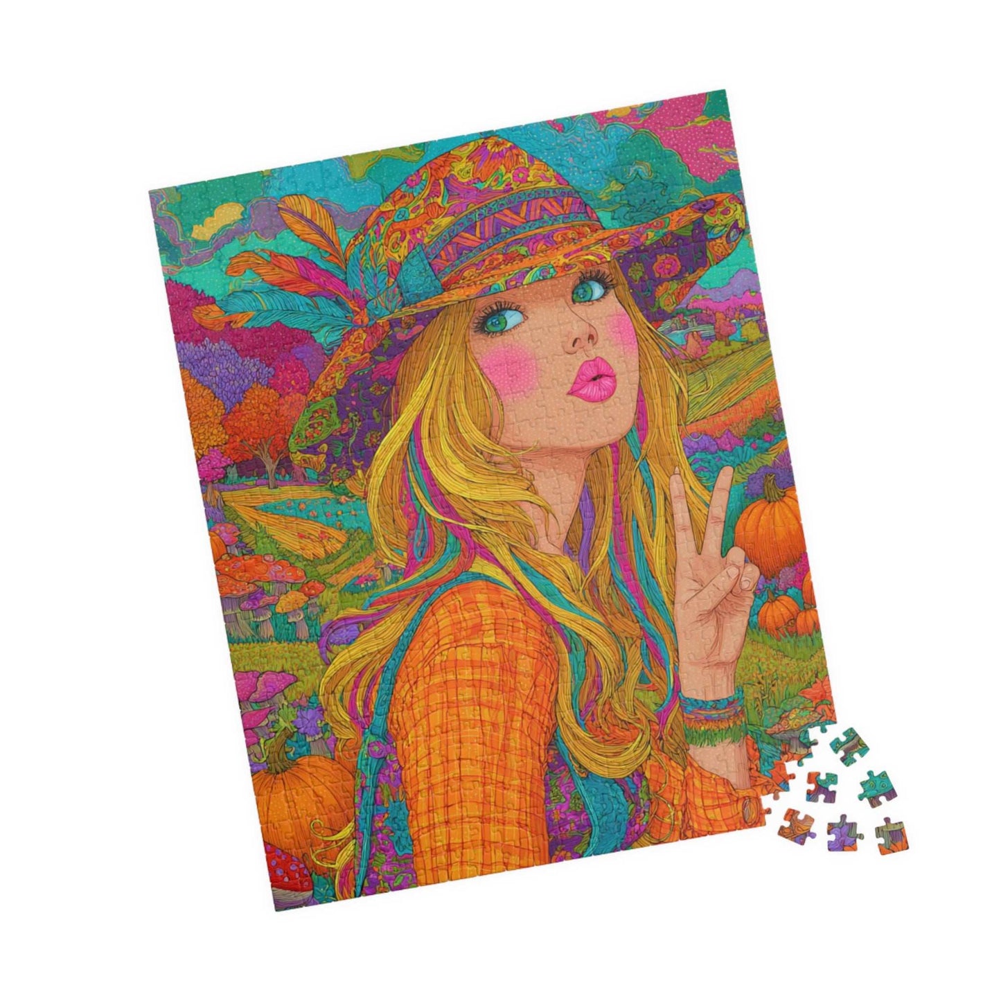Retro Psychedelic Cowgirl Jigsaw Puzzle - Autumn Themed Cartoon Illustration, Artsy Gifts, Recreational Activities, Cozy Nights, Family Time 520 pcs (Vertical) Puzzle The Puzzle Chest