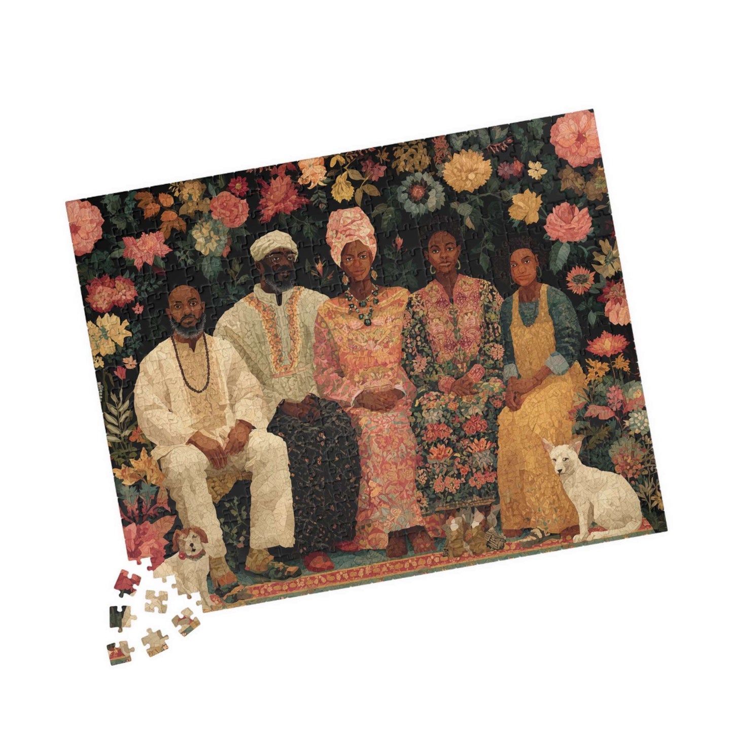 Black Art Jigsaw Puzzle - Afrocentric Family Portrait in Story-Quilt Style with Bold Patterned Fabrics 520 pcs (Horizontal) Puzzle The Puzzle Chest
