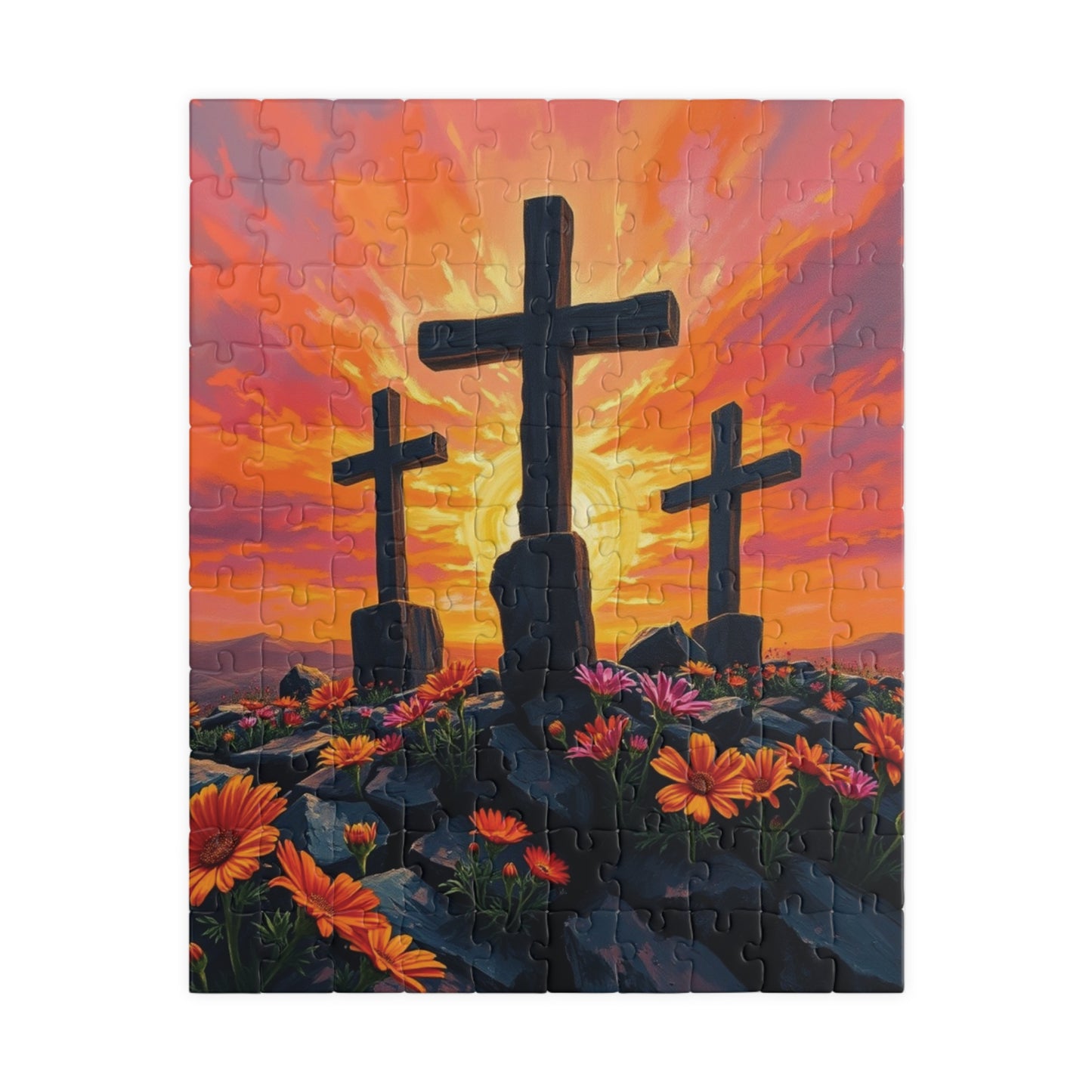 Three Crosses Sunrise Puzzle, Christian Wildflower Jigsaw Game, Spiritual Uplifting Scene with Wooden Crosses, Religious Puzzle Lover Gift 110 pcs (Vertical) Puzzle The Puzzle Chest