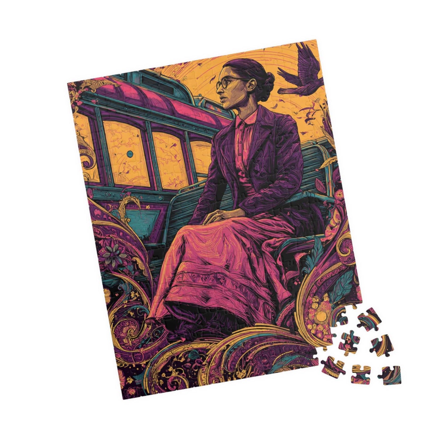 Rosa Parks Afrocentric Jigsaw Puzzle - Civil Rights Historical Black Figure Art with Ornate Floral Motifs and Bus Scene, Black Woman Art 252 pcs (Vertical) Puzzle The Puzzle Chest