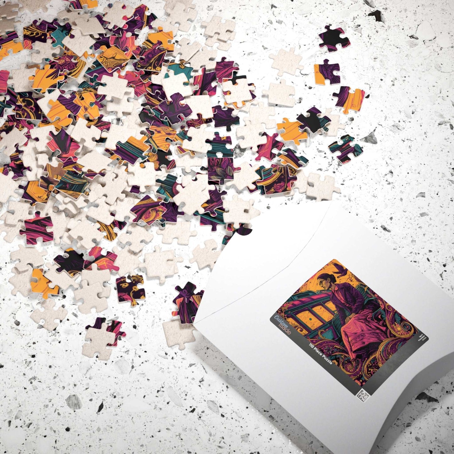 Rosa Parks Afrocentric Jigsaw Puzzle - Civil Rights Historical Black Figure Art with Ornate Floral Motifs and Bus Scene, Black Woman Art Puzzle The Puzzle Chest