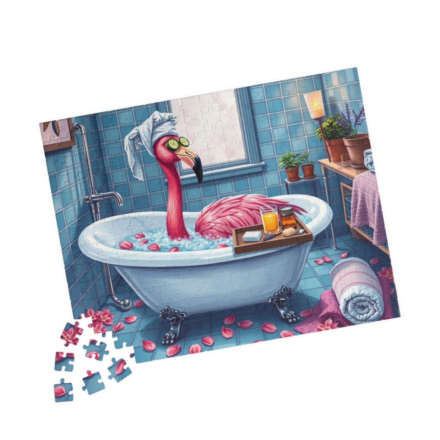 Flamingo Spa Retreat - Cozy Bathroom Puzzle for Adults, Fun Bath Time Art Jigsaw, Unique Gift for Friends, Family Game Night, Brain Teaser