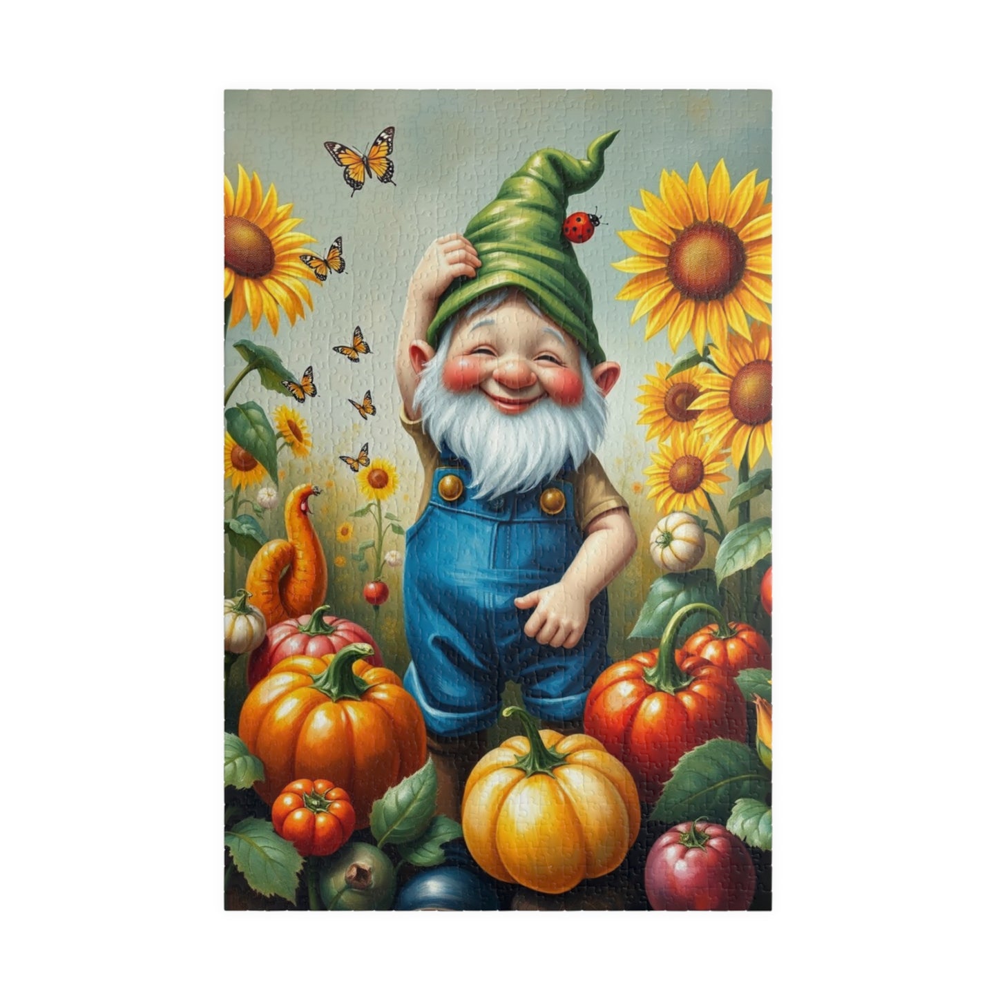 Whimsical Garden Gnome Puzzle, Vegetables Sunflowers and Butterflies, Colorful Farm and Nature Scene Jigsaw Game, Fantasy Puzzle Lover Gift 1014 pcs (Vertical) Puzzle The Puzzle Chest