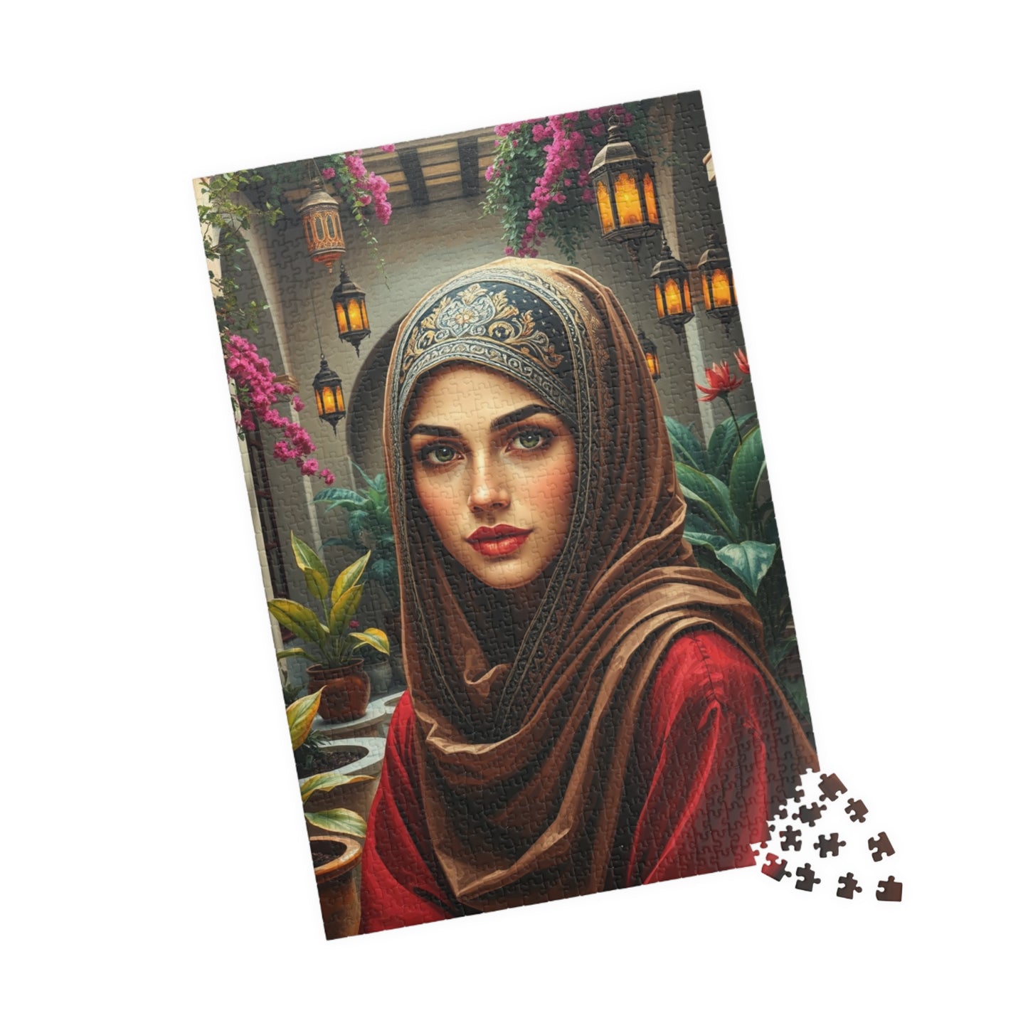 Middle Eastern Cultural Art Jigsaw Puzzle, Woman in Hijab Courtyard Scene, Hanging Lanterns Vibrant Plants, Puzzle Enthusiast Art Lover Gift Puzzle The Puzzle Chest