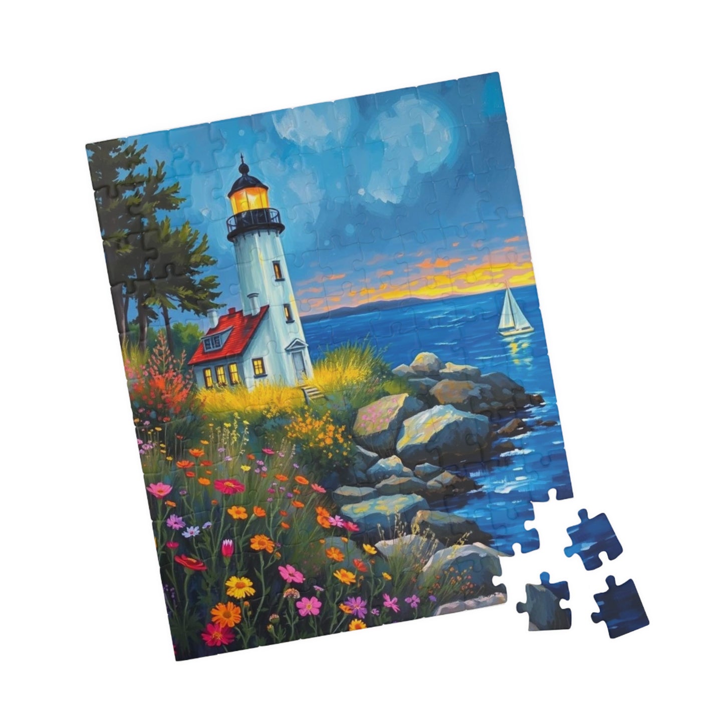 Seabreeze Beacon Jigsaw Puzzle - Coastal Lighthouse, Wildflowers and Sailboats, Family Activity Brain Teaser, Gift for Puzzle Lovers Puzzle The Puzzle Chest