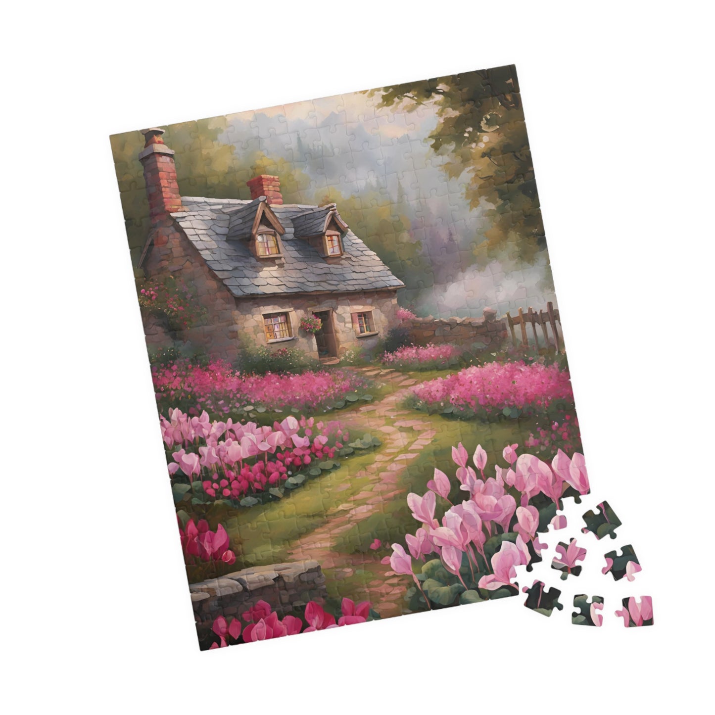 Enchanted Stone Cottage Puzzle, Thatched Roof Home Blooming Cyclamen Meadow, Idyllic Countryside Pink Purple Floral Landscape Game, Giftable Puzzle The Puzzle Chest