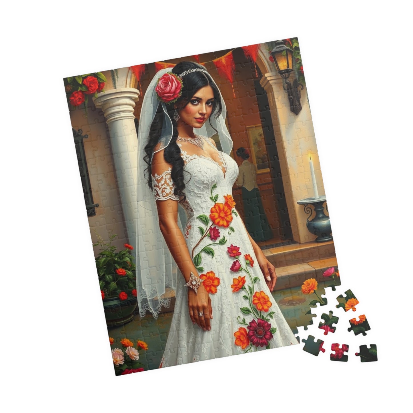 Puzzle - Mexican Bride in Lace Gown, Otomi Flowers Hacienda Candles, 110-1014 Piece Jigsaw, Wedding Dress Design, Cultural Artwork Folklore Puzzle The Puzzle Chest