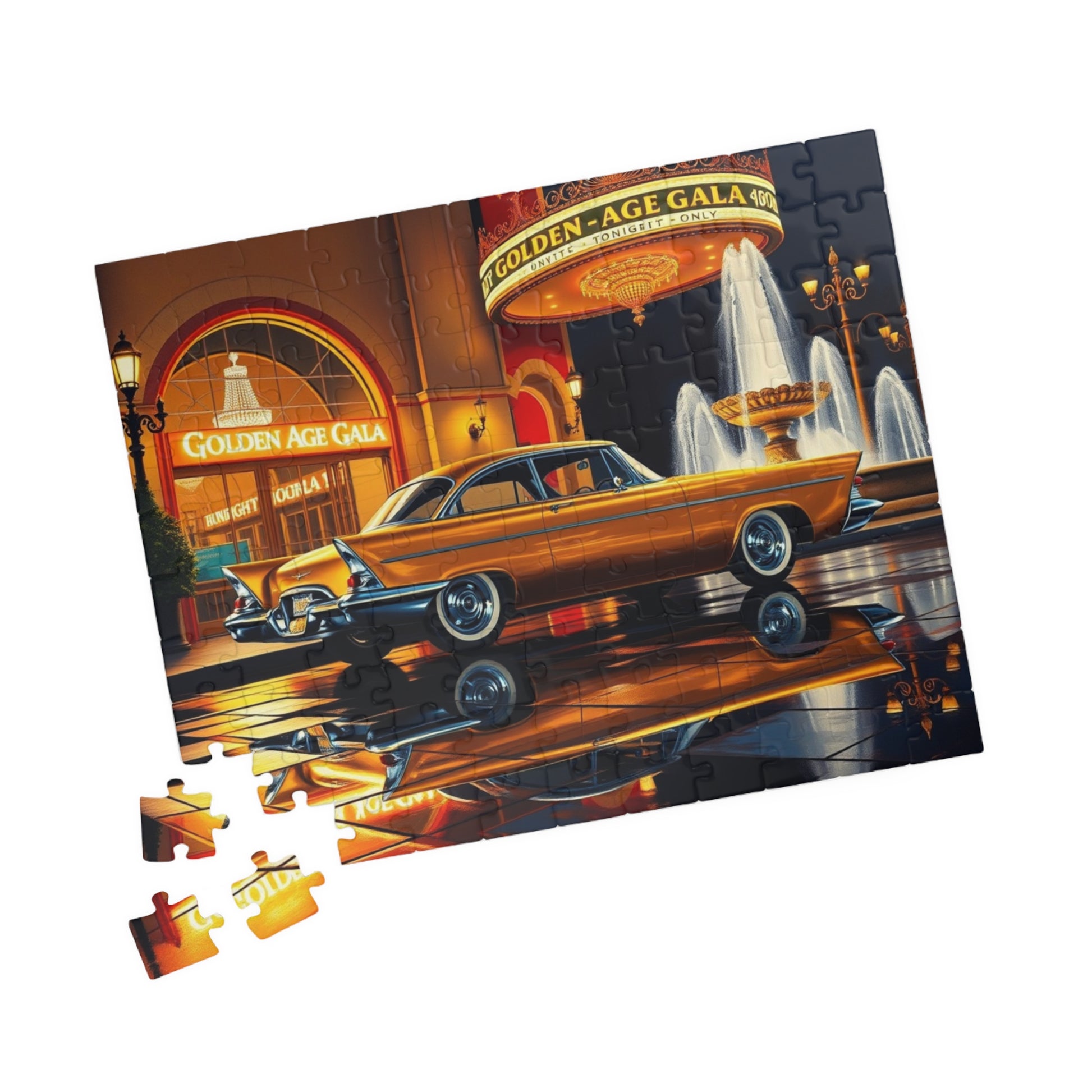 Vintage Car Puzzle - Classic Gold 1957 300C, Retro Vehicle Nighttime Scene Jigsaw Game Puzzle The Puzzle Chest