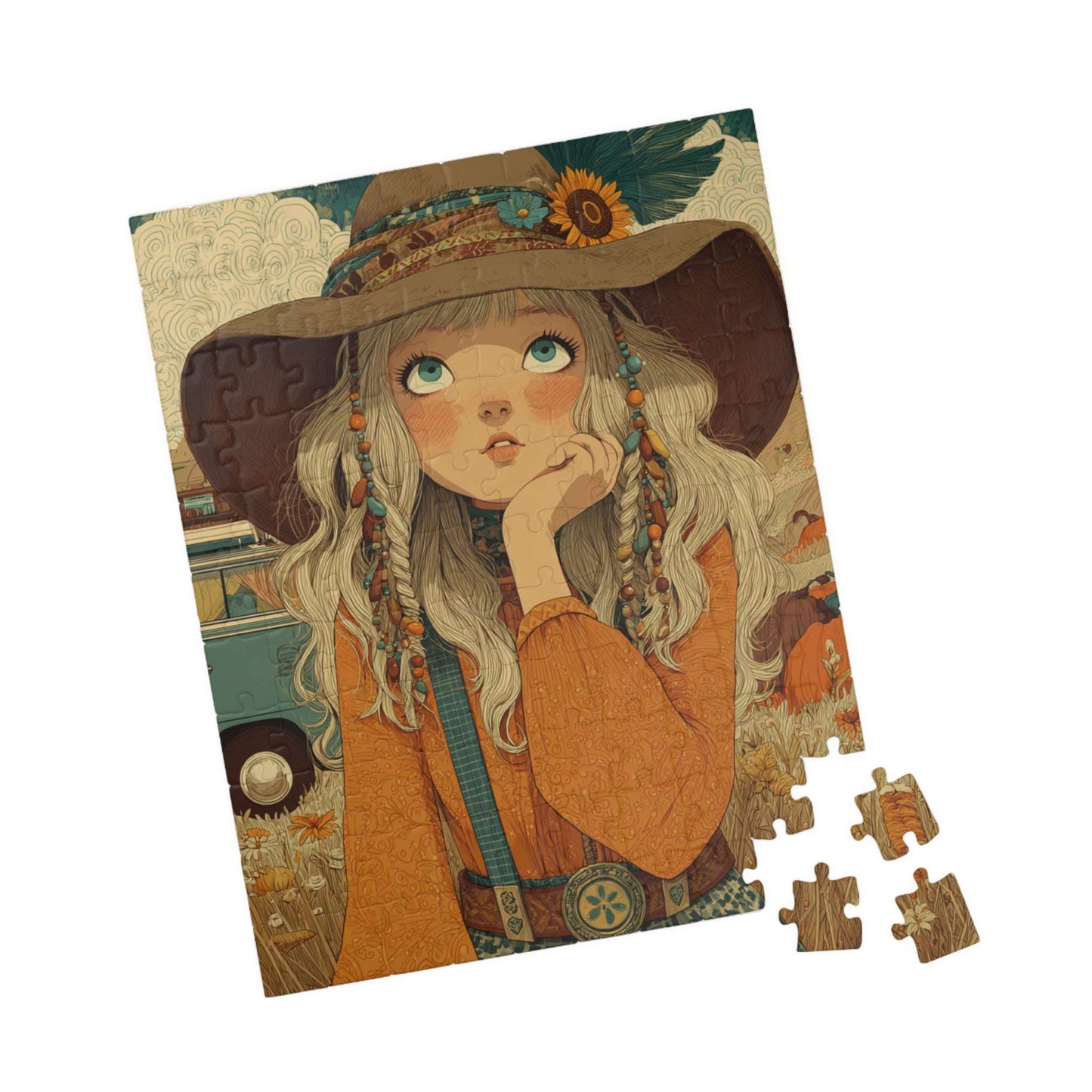 1970s Autumn Cowgirl Jigsaw Puzzle - Boho Meadow, Cartoon-Style Illustration Perfect Gift for Family, Friends, Creative Fun, Home Decor 110 pcs (Vertical) Puzzle The Puzzle Chest