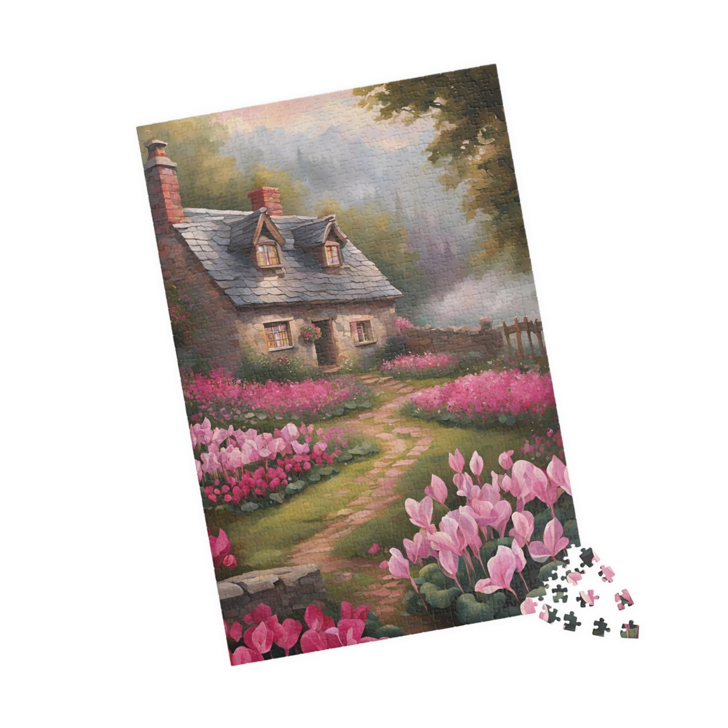 Enchanted Stone Cottage Puzzle, Thatched Roof Home Blooming Cyclamen Meadow, Idyllic Countryside Pink Purple Floral Landscape Game, Giftable Puzzle The Puzzle Chest