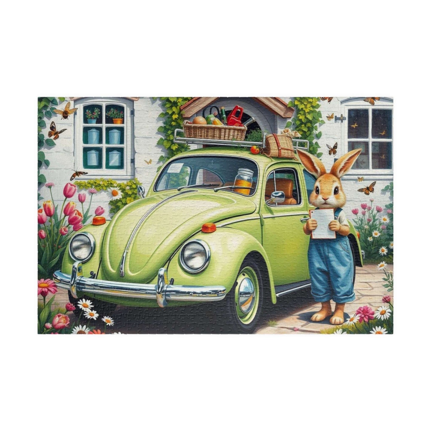 Springtime Garden Delivery Vintage Car Puzzle, Classic Retro Auto Jigsaw Game with Easter Rabbit 1014 pcs (Horizontal) Puzzle The Puzzle Chest