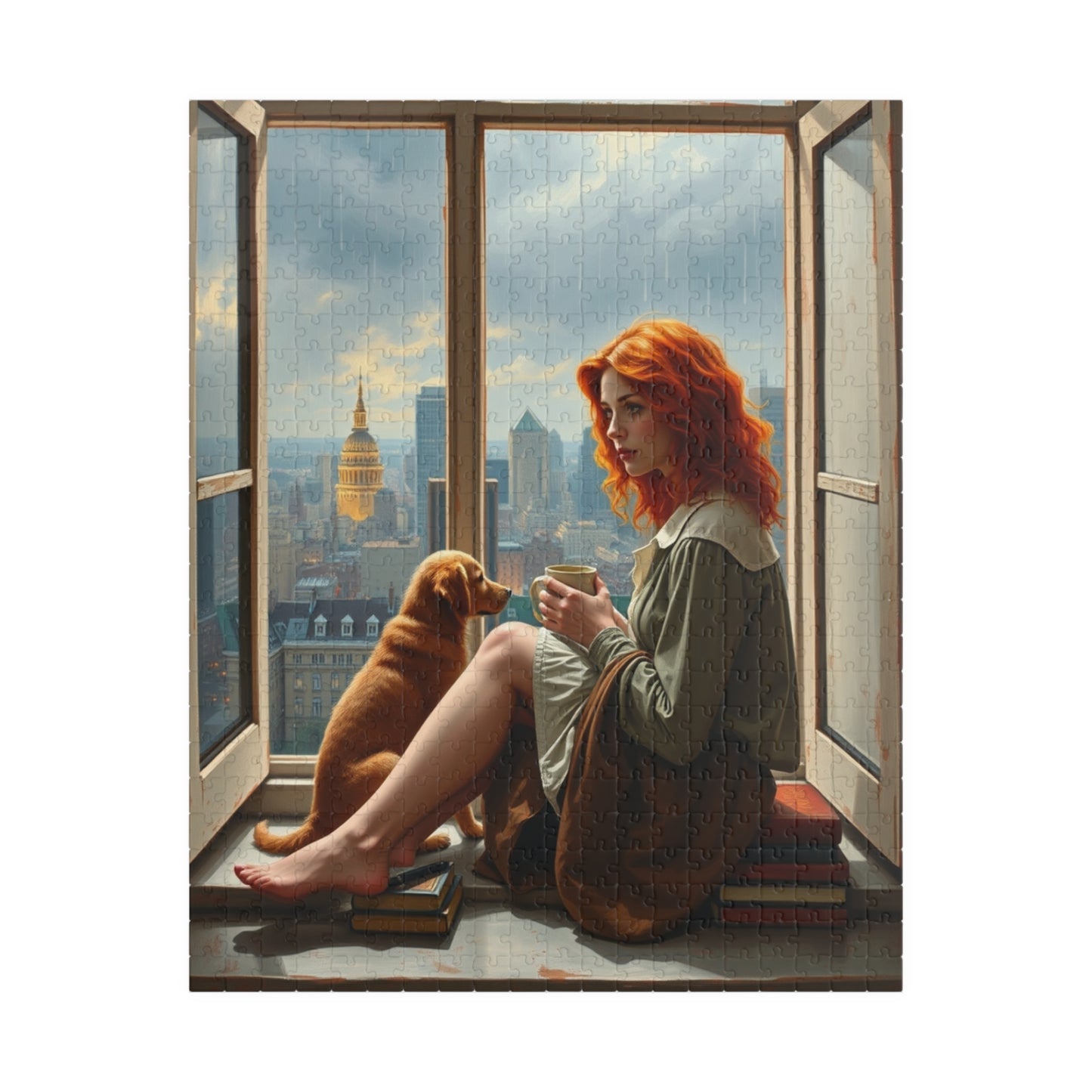Jigsaw Puzzle, Woman Sitting on Windowsill with Red Hair, Books, Dog, Cityscape, Rainy Sky, 110, 252, 520, 1014-Piece - Relaxing Indoor 520 pcs (Vertical) Puzzle The Puzzle Chest