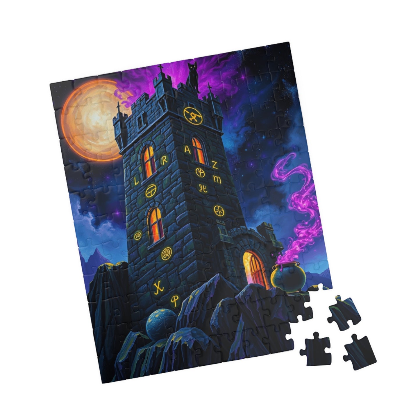 Ethereal Gothic Tower Puzzle, Electric Runes Black Cat Mystical Cauldron and Purple Mist, Magical Symbol Jigsaw Game, Fantasy Art Lover Gift Puzzle The Puzzle Chest