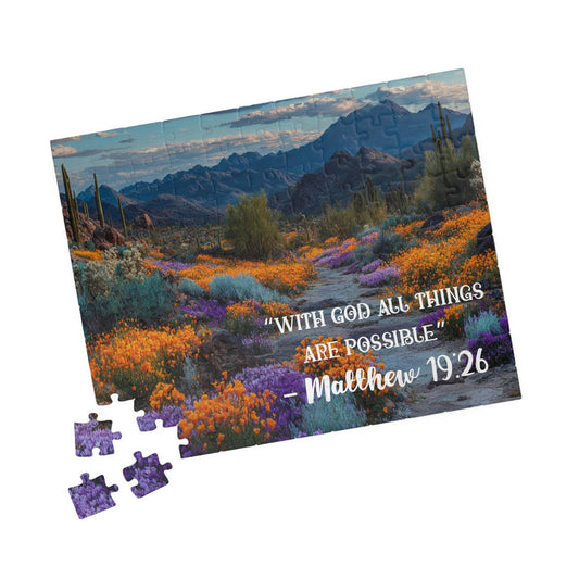 Blooming Desert Jigsaw Puzzle, Inspirational Puzzle Featuring Matthew 19:26 110 pcs (Horizontal) Puzzle The Puzzle Chest