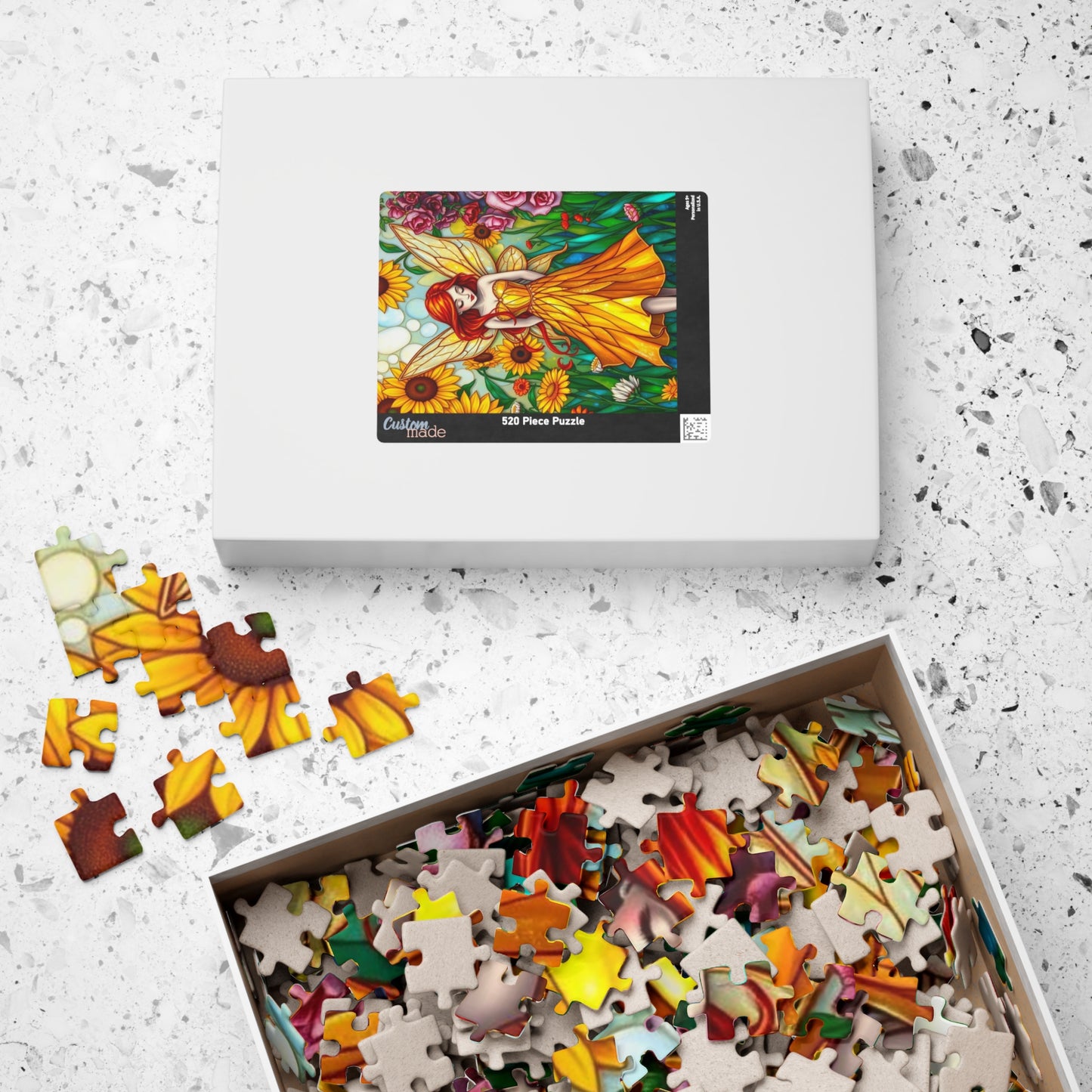 Fairy Sunflower Jigsaw Puzzle - Stained Glass Style, 110/252/520/1014-Piece, Hobby Game, Gift for Fantasy Lover Birthday Holiday