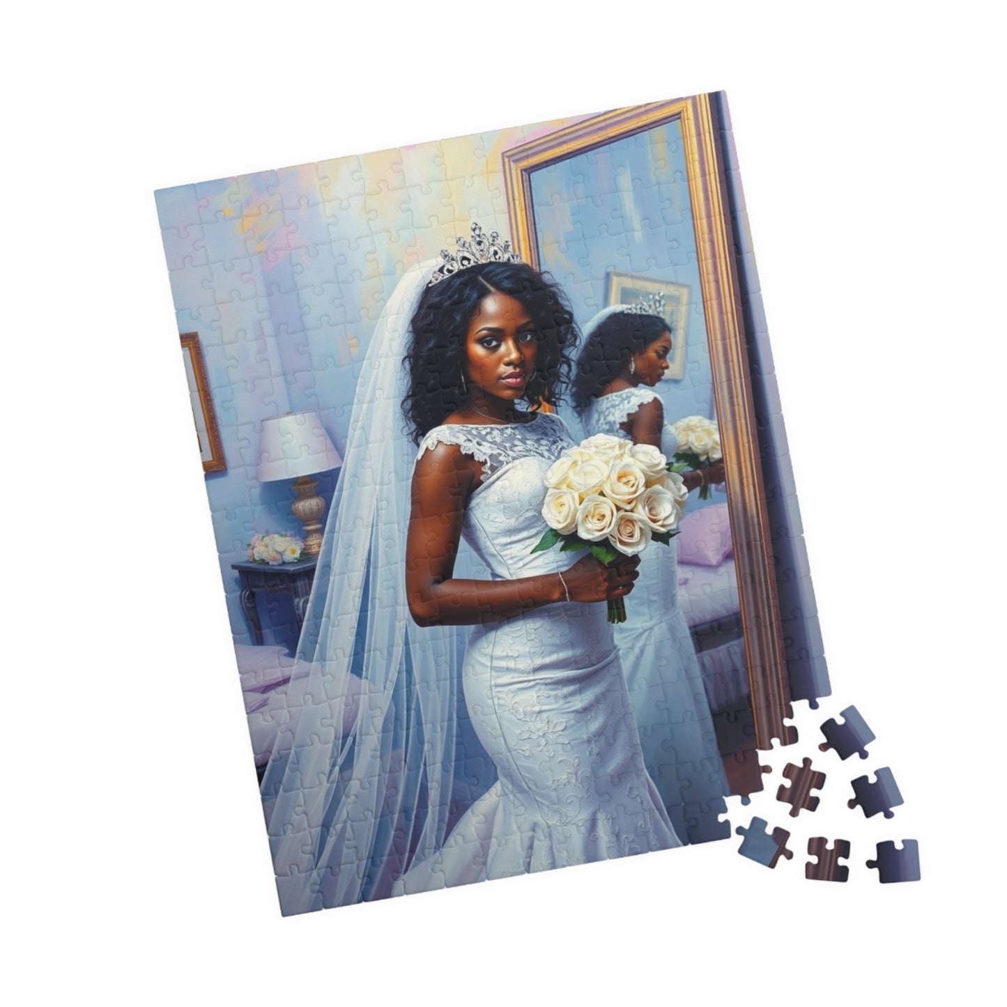 African American Bride Puzzle, White Lace Gown and Tiara, Black Woman Wedding Day Reflection Jigsaw Game Puzzle The Puzzle Chest