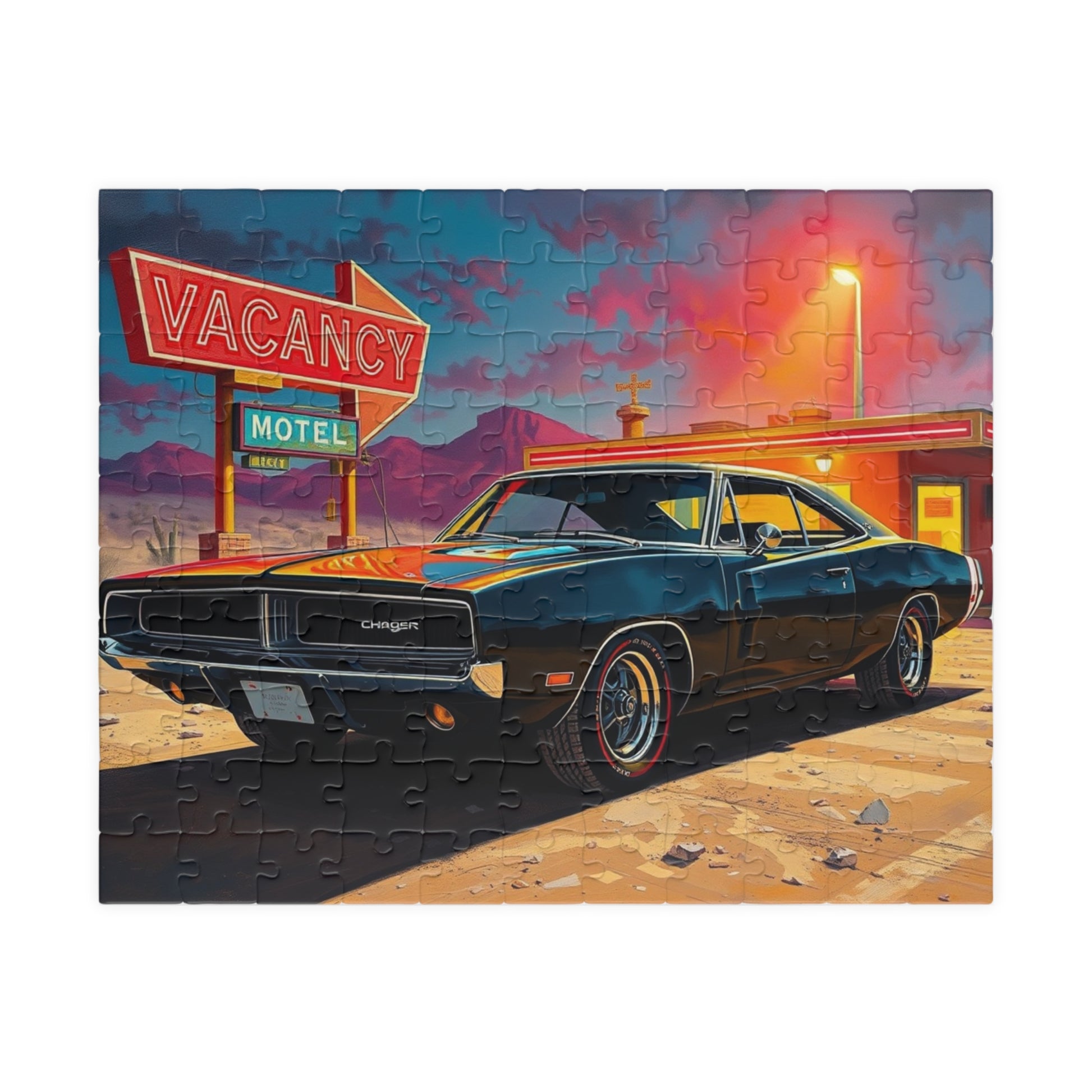 Vintage Muscle Car Puzzle, Black 1969 Charger, Classic Car Desert Motel Scene Jigsaw Game 110 pcs (Horizontal) Puzzle The Puzzle Chest