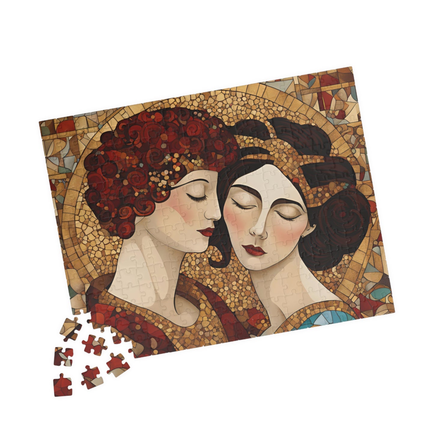The Kiss Mosaic Jigsaw Puzzle, Klimt-inspired, Gold Accents Floral & Geometric Shapes Entwined Figures, Art Lover Gift Puzzle Enthusiast Puzzle The Puzzle Chest
