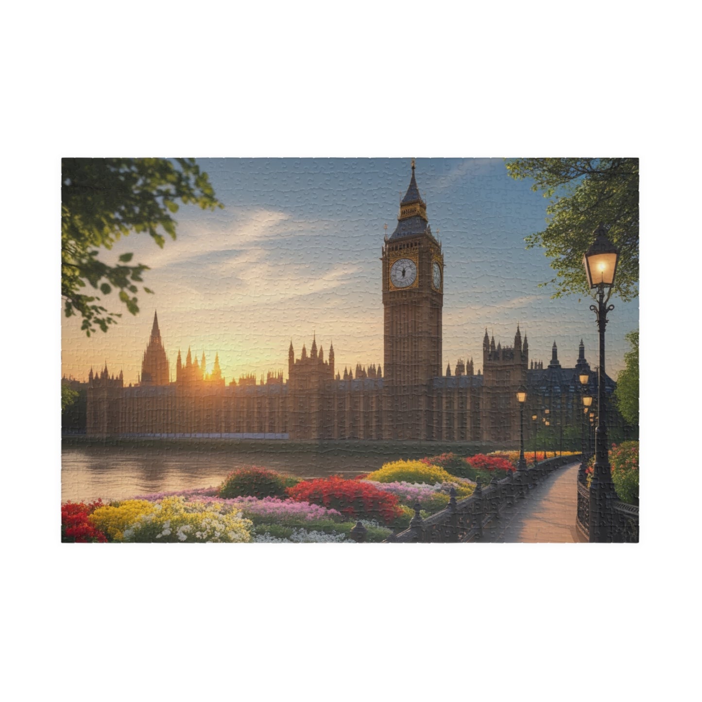 London Big Ben (Elizabeth Tower) Jigsaw Puzzle, Flowers Sunrise View Thames River, Puzzle Enthusiast Cityscape Lover Gift, Family Activity 1014 pcs (Horizontal) Puzzle The Puzzle Chest