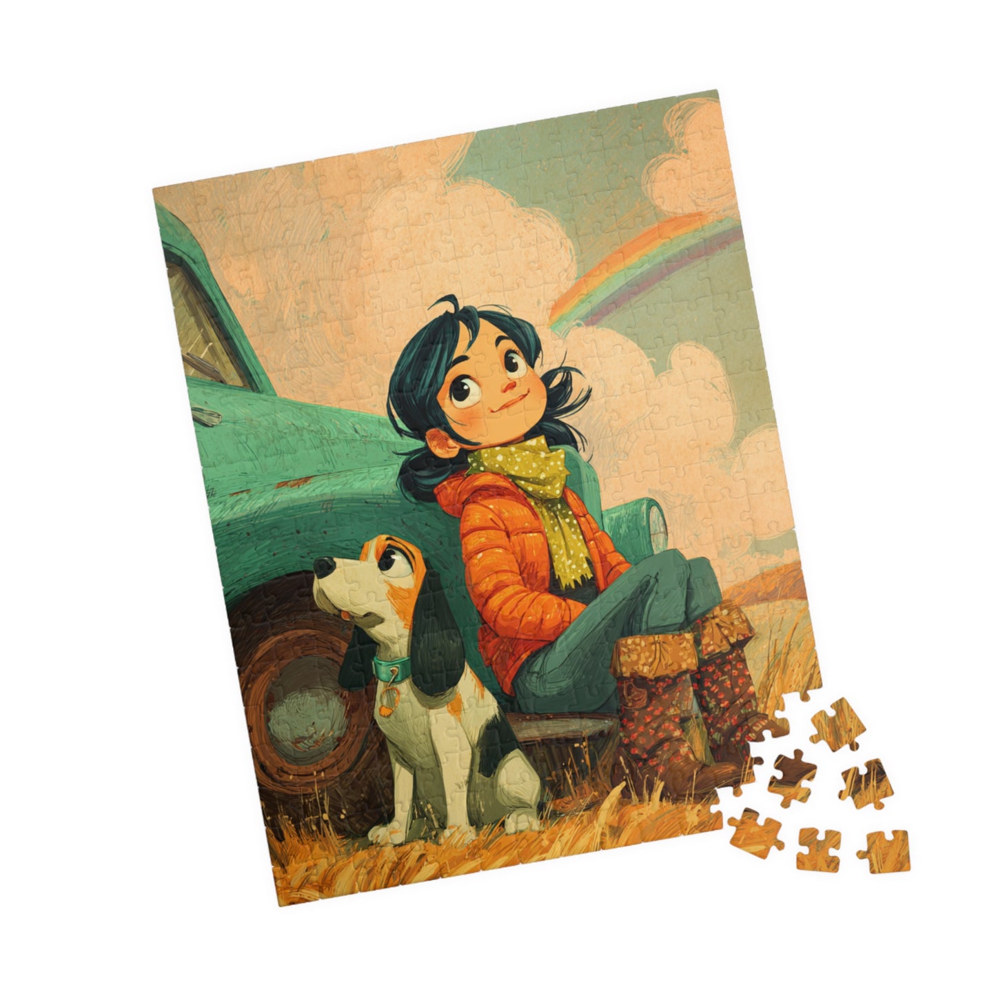 Cheerful Country Girl Jigsaw Puzzle – Whimsical Cartoon Truck, Dog and Rainbow Countryside Scene 252 pcs (Vertical) Puzzle The Puzzle Chest