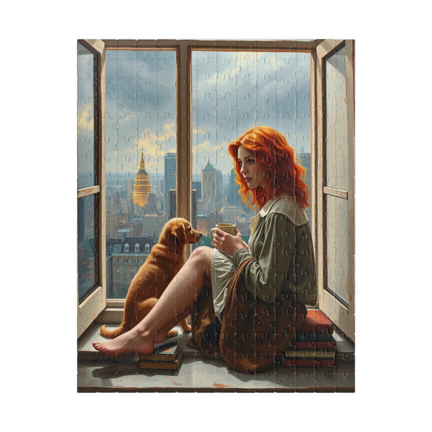 Jigsaw Puzzle, Woman Sitting on Windowsill with Red Hair, Books, Dog, Cityscape, Rainy Sky, 110, 252, 520, 1014-Piece - Relaxing Indoor 252 pcs (Vertical) Puzzle The Puzzle Chest