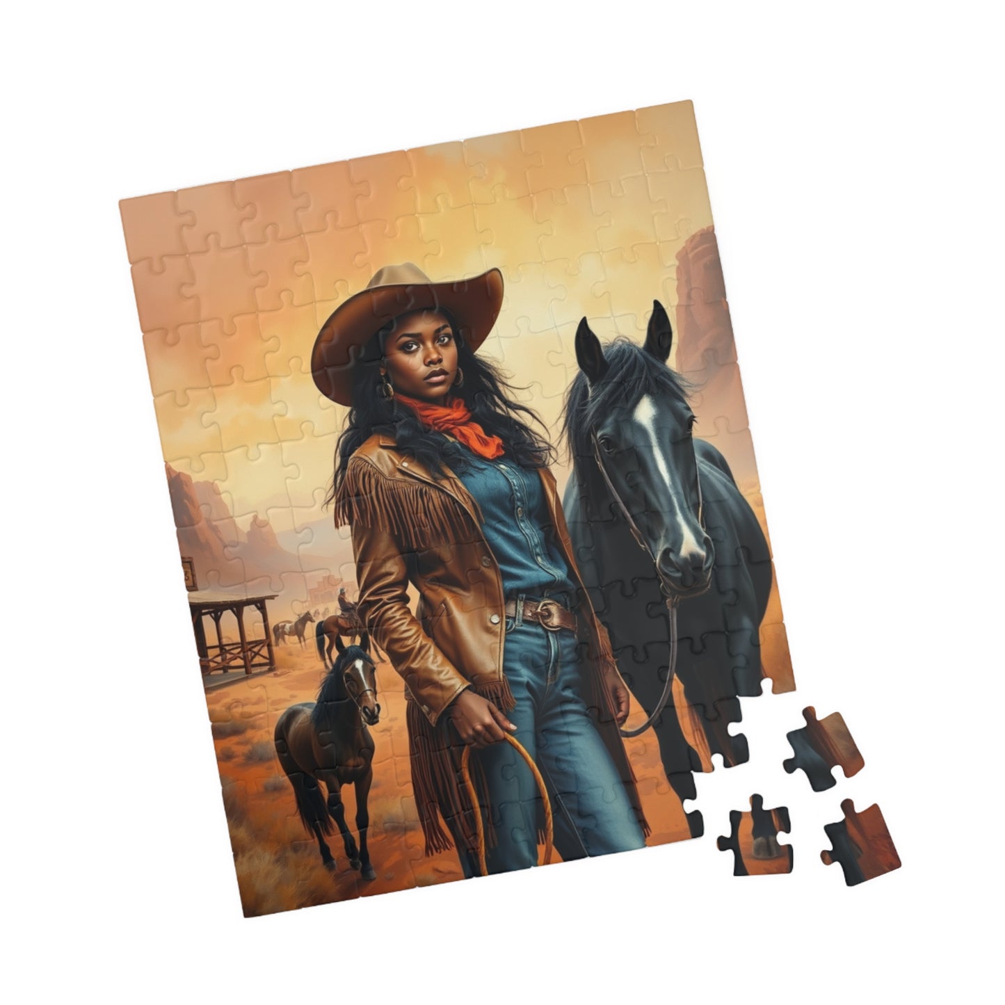 Black Cowgirl Puzzle (110-1014 Piece), Western Landscape with Horse and Saloon Jigsaw Game, Wild West Frontier Desert Scene with Mustangs Puzzle The Puzzle Chest