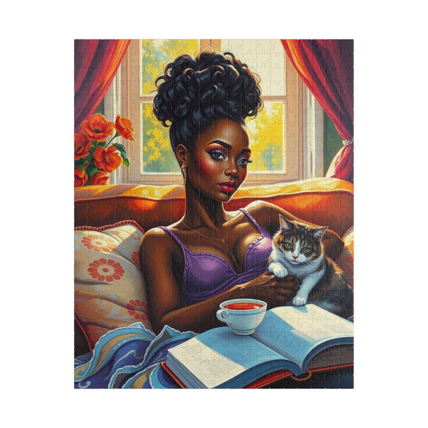 Cozy Day Jigsaw Puzzle, Black Woman and Cat, Black Woman Art, Home Entertainment, African American Gift for Cat Lovers, Mindfulness Activity 520 pcs (Vertical) Puzzle The Puzzle Chest