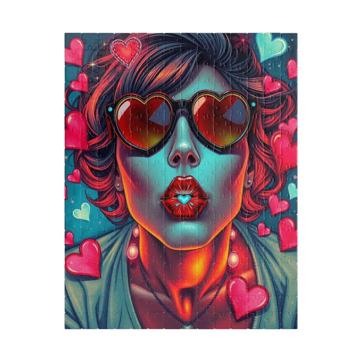 Hearts and Kisses Jigsaw Puzzle, Woman Blowing a Kiss, Comic Pop Art Nostalgic Game for Fun Gathering, Gift for Puzzle Lover, Family Night