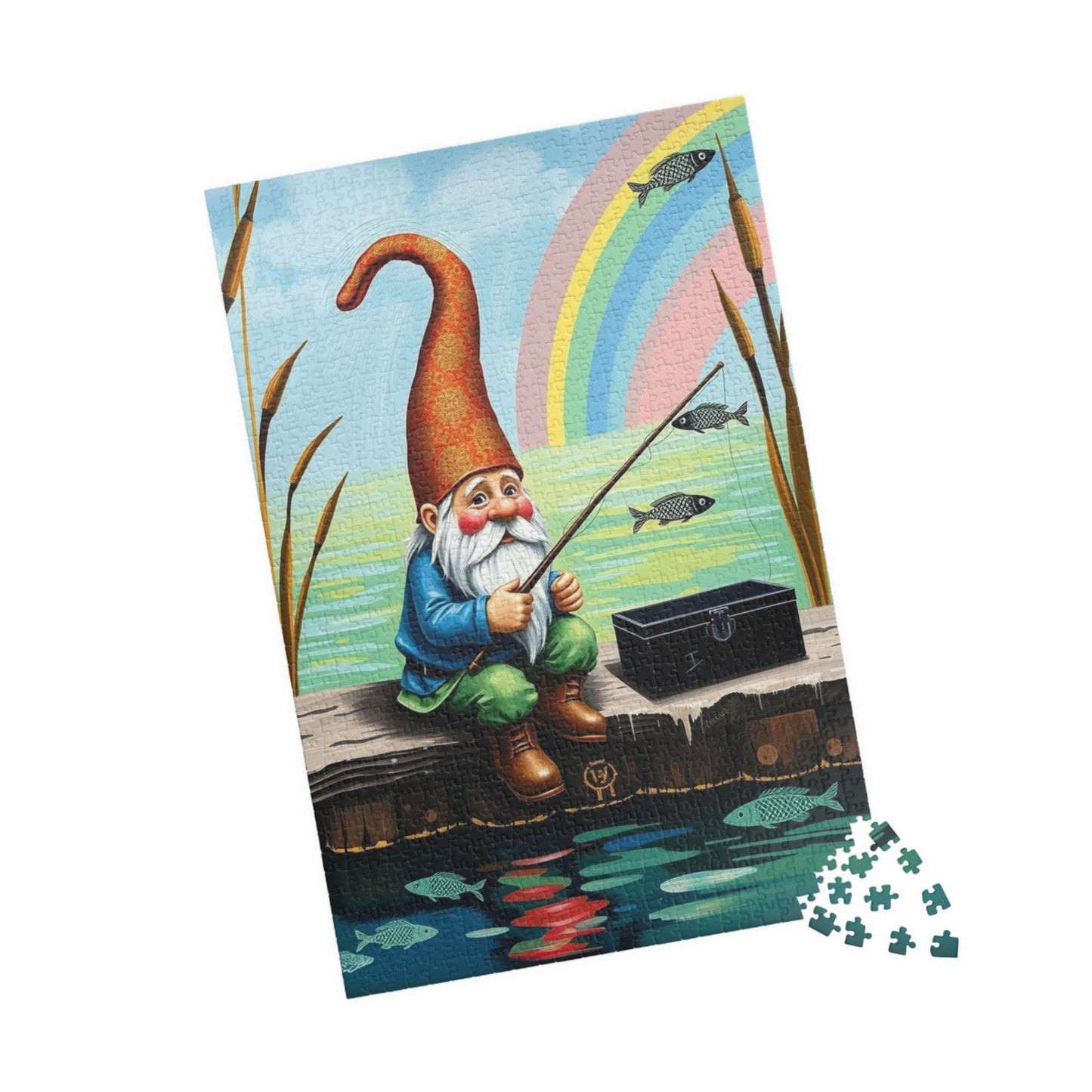 Gnome Fishing on Dock – Watercolor Dwarf Storybook Lakeside Jigsaw Puzzle 1014 pcs (Vertical) Puzzle The Puzzle Chest