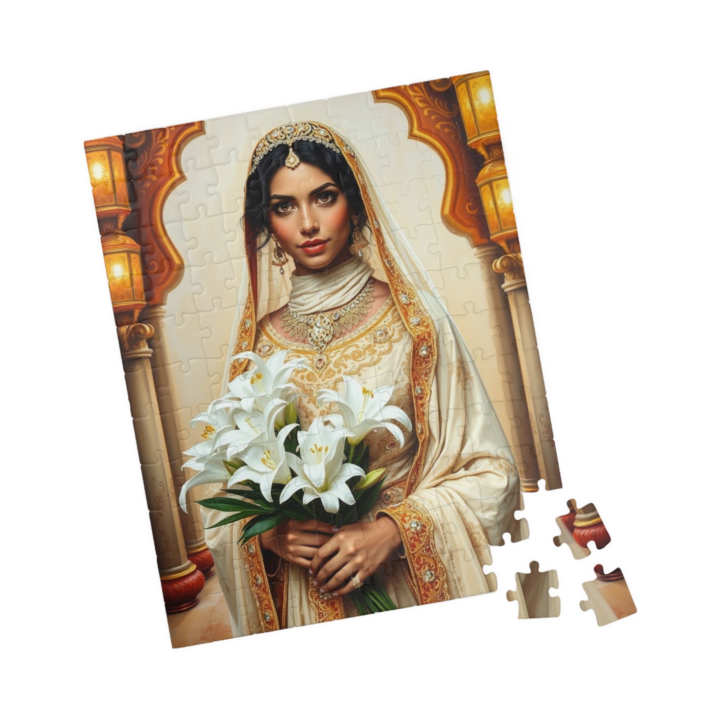 Middle Eastern Bride Puzzle with Gold Ivory Kaftan and Lanterns, Family Friendly Wedding Jigsaw Game, Mindful Activity, Puzzle Lover Gift Puzzle The Puzzle Chest