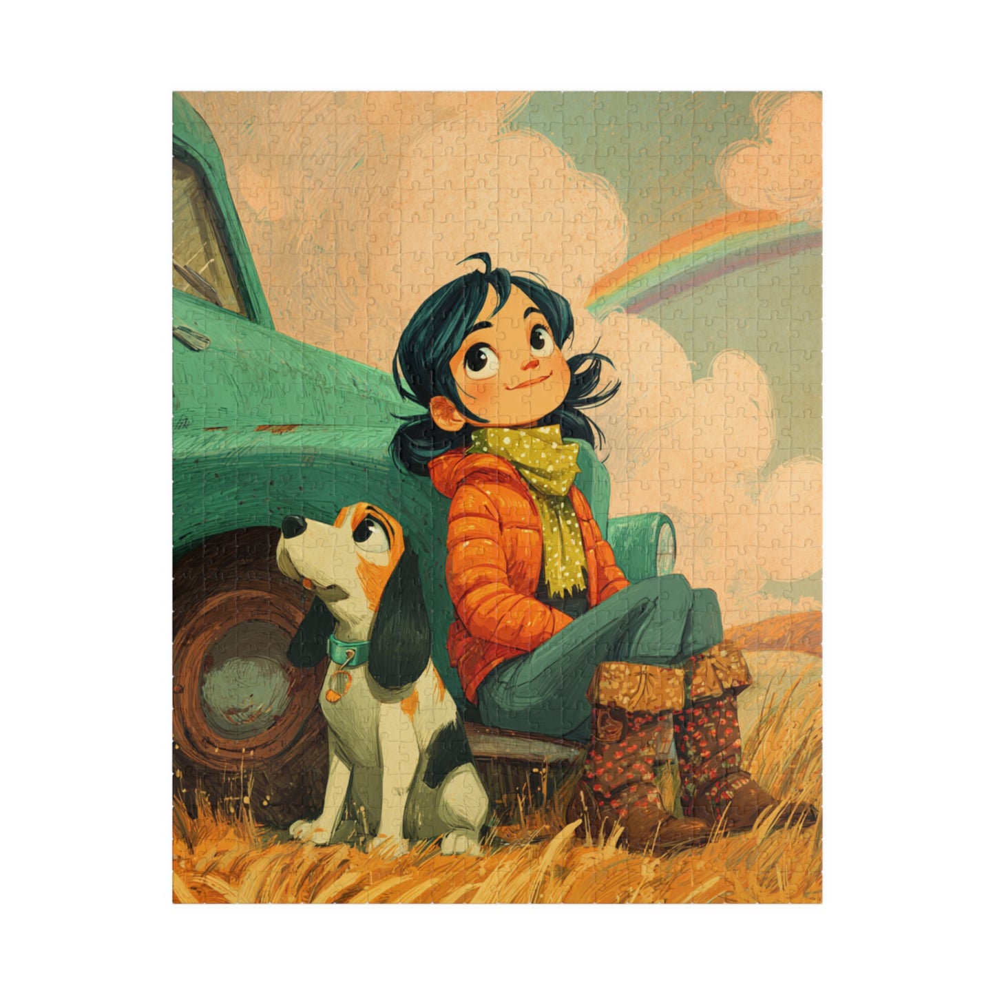 Cheerful Country Girl Jigsaw Puzzle – Whimsical Cartoon Truck, Dog and Rainbow Countryside Scene Puzzle The Puzzle Chest