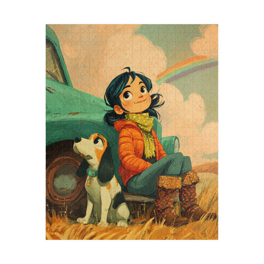 Cheerful Country Girl Jigsaw Puzzle – Whimsical Cartoon Truck, Dog and Rainbow Countryside Scene Puzzle The Puzzle Chest