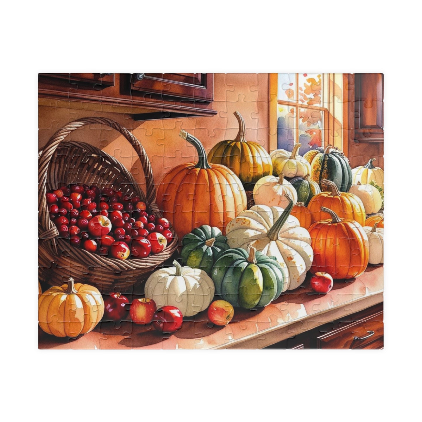 Autumn Harvest Puzzle, Countertop with Pumpkins and Apples, 110-1014 Piece, Fall Jigsaw Game, Thanksgiving Activity, Cabin Decor, Giftable 110 pcs (Horizontal) Puzzle The Puzzle Chest