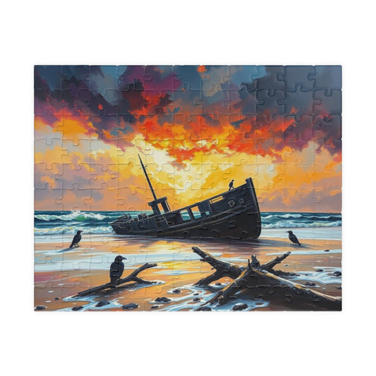 Solitude at the Shore Jigsaw Puzzle, Sunset Landscape Shipwreck, Gothic Puzzle, Dark Art Puzzle, Solo Fun, Game Night, Gift for Puzzle Lover 110 pcs (Horizontal) Puzzle The Puzzle Chest