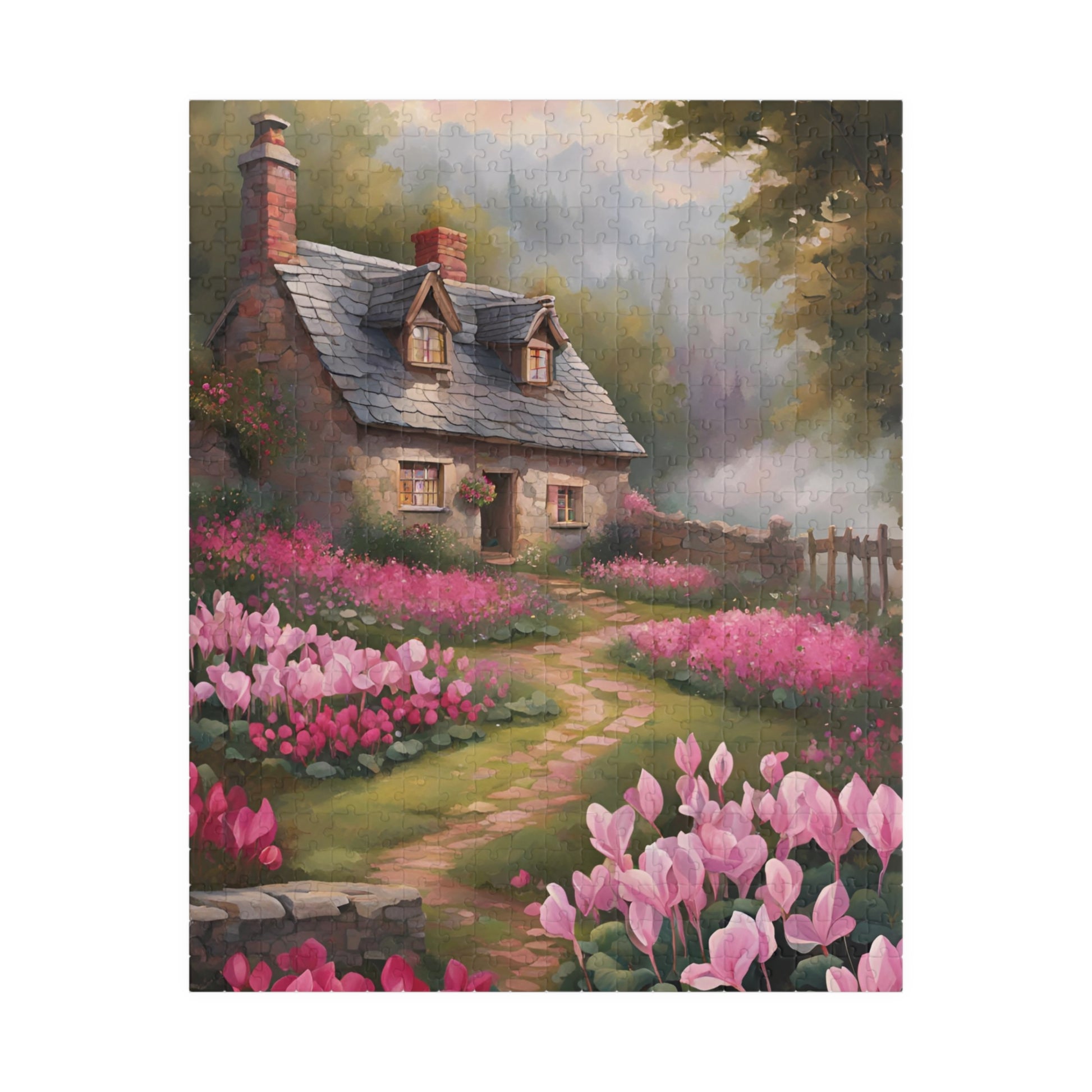 Enchanted Stone Cottage Puzzle, Thatched Roof Home Blooming Cyclamen Meadow, Idyllic Countryside Pink Purple Floral Landscape Game, Giftable 520 pcs (Vertical) Puzzle The Puzzle Chest