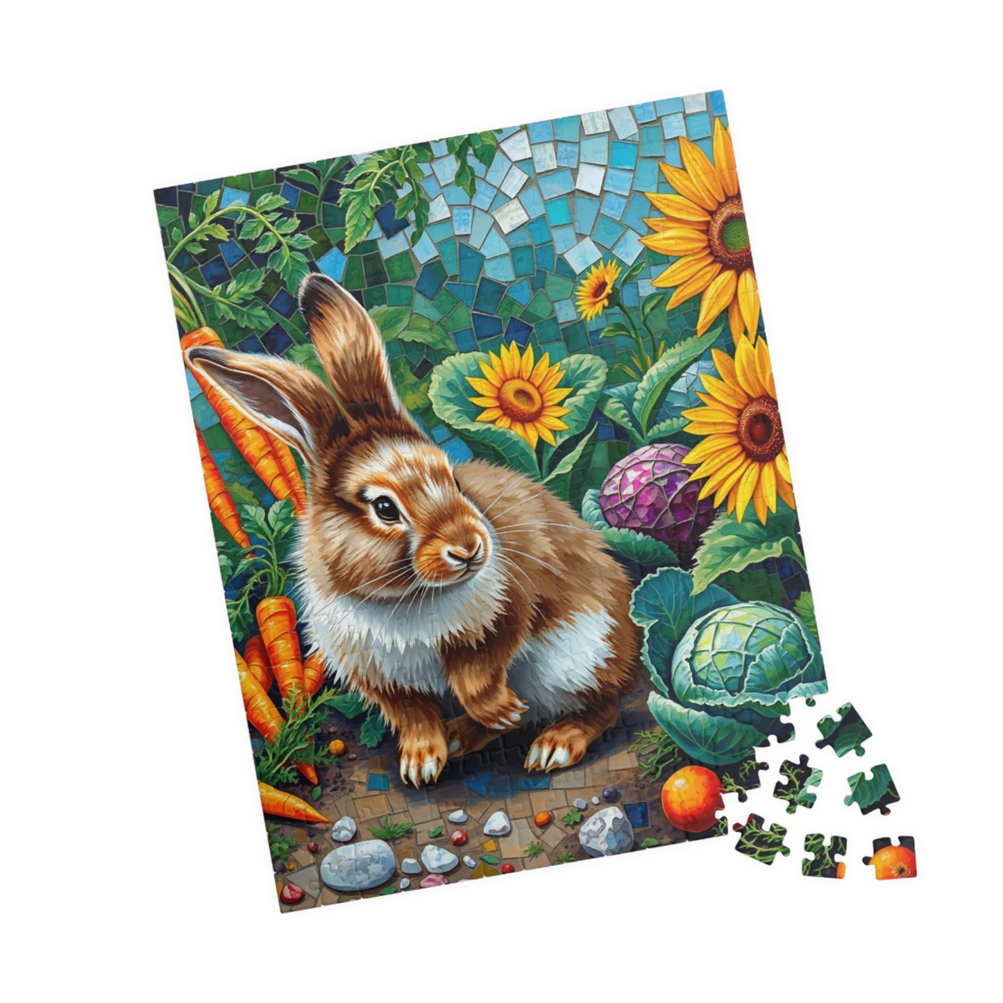 Fluffy Bunny Garden Mosaic Puzzle, Rabbit Near Carrots Cabbage and Sunflowers, Nature Animal Theme Jigsaw Game for Children and Adults, Gift Puzzle The Puzzle Chest
